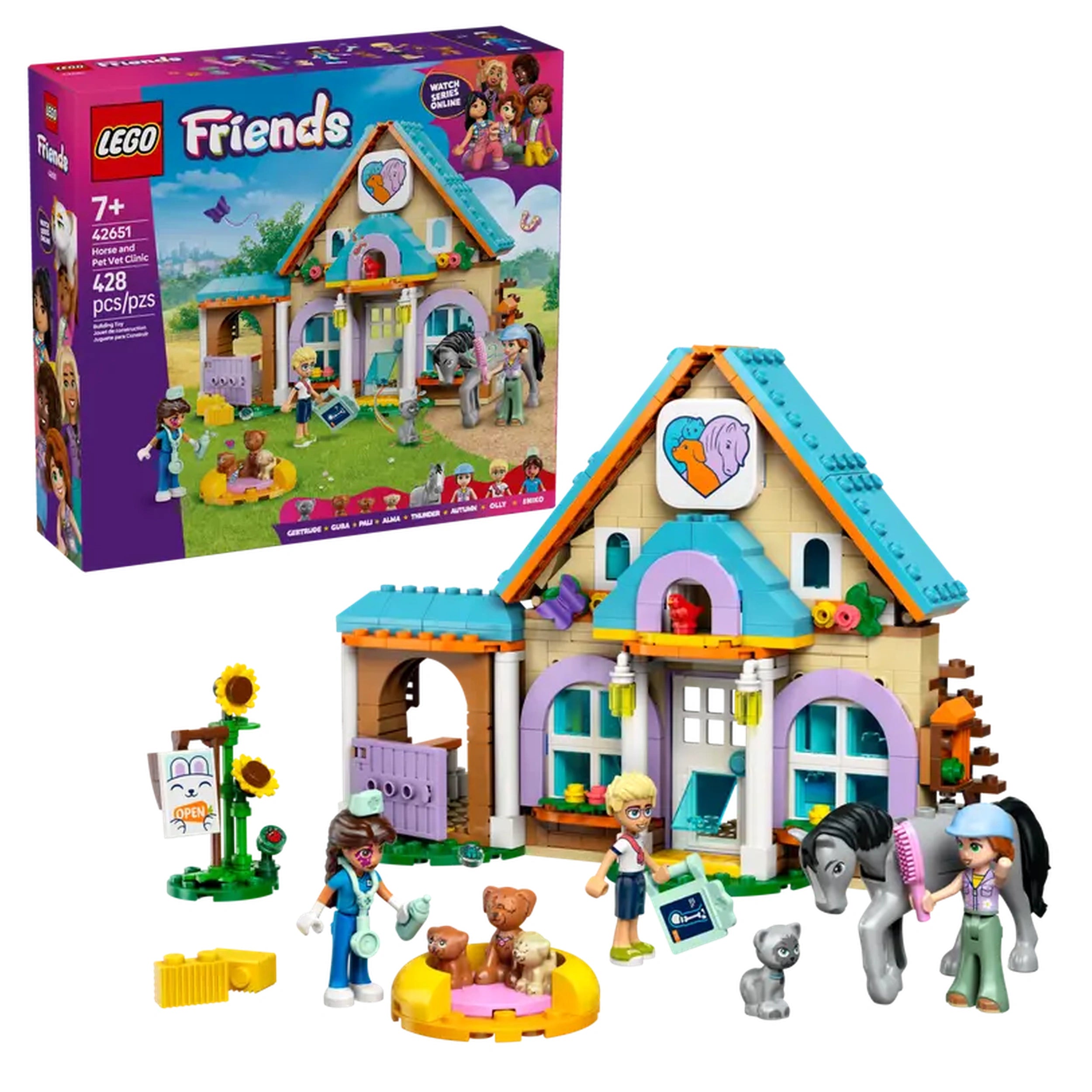 LEGO Friends Horse and Pet Vet Clinic set featuring a colorful building, minidolls, a horse, multiple pets, and veterinary supplies.