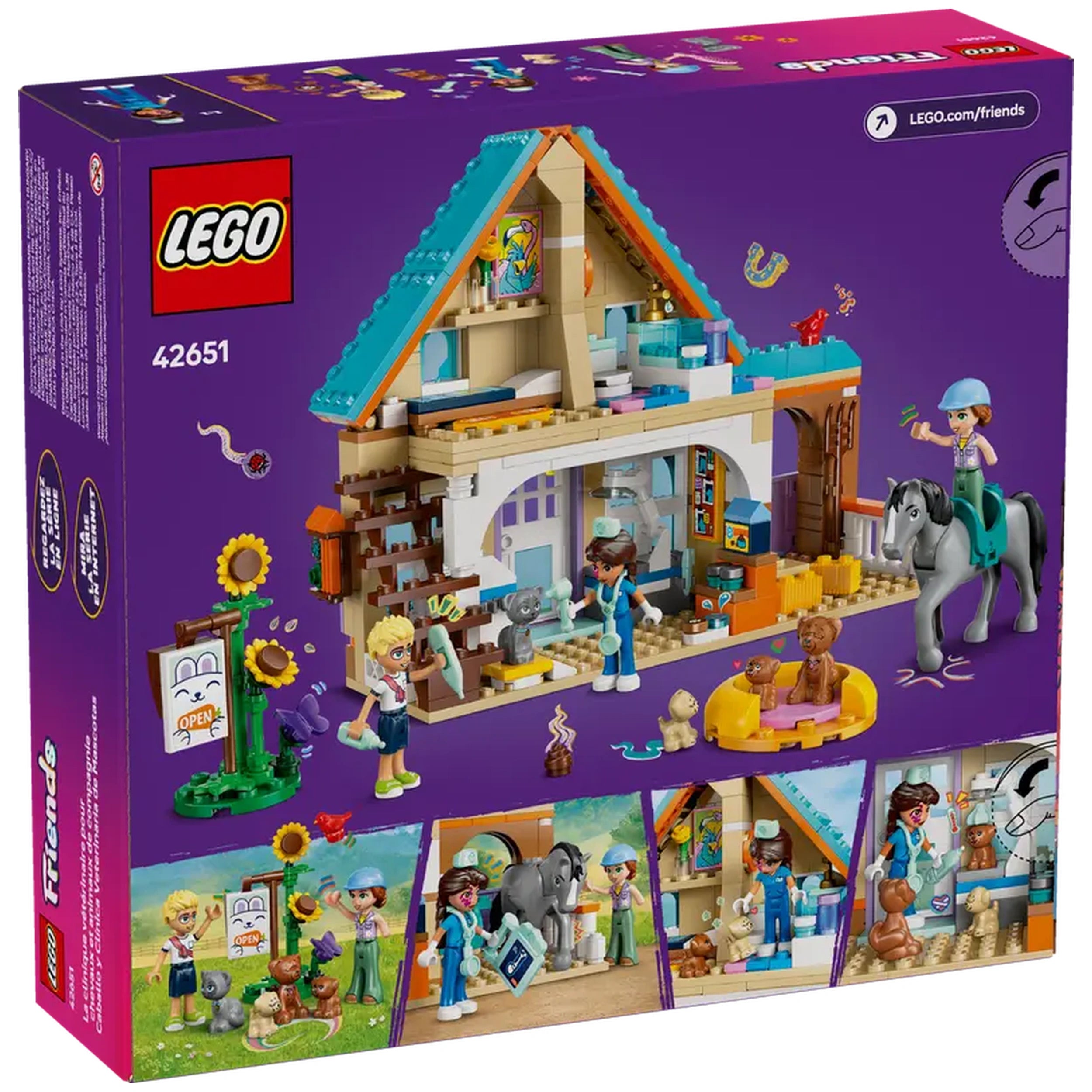 LEGO Friends Horse and Pet Vet Clinic set featuring three minidolls, a horse, several dogs, and a cat, with a colorful veterinary clinic scene.