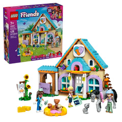 LEGO Friends Horse and Pet Vet Clinic set featuring a colorful building, minidolls, a horse, multiple pets, and veterinary supplies.