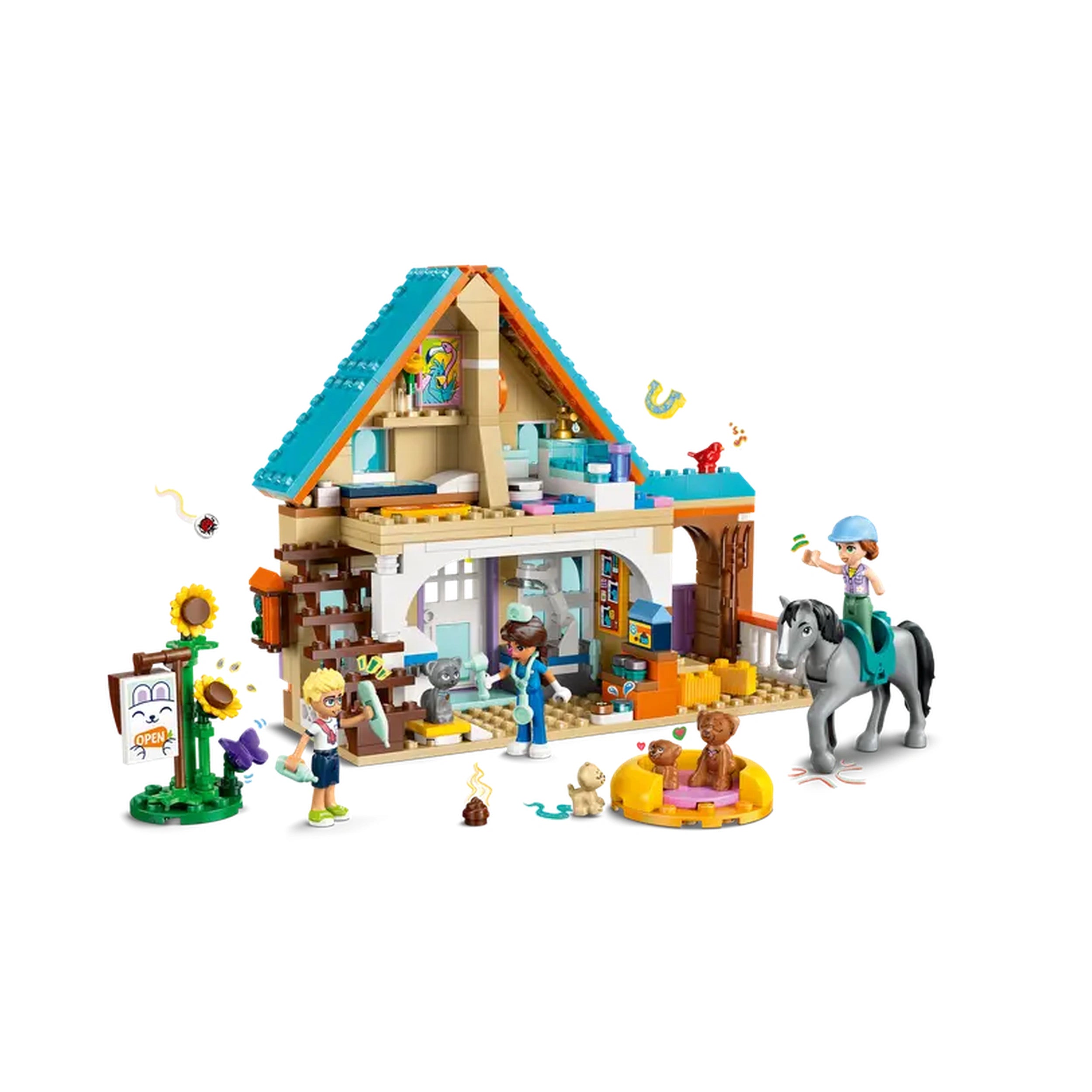 LEGO Friends Horse and Pet Vet Clinic construction set featuring three minidolls, a gray horse, a playful cat, three dogs, and a vibrant veterinary workspace with pet care tools and accessories.