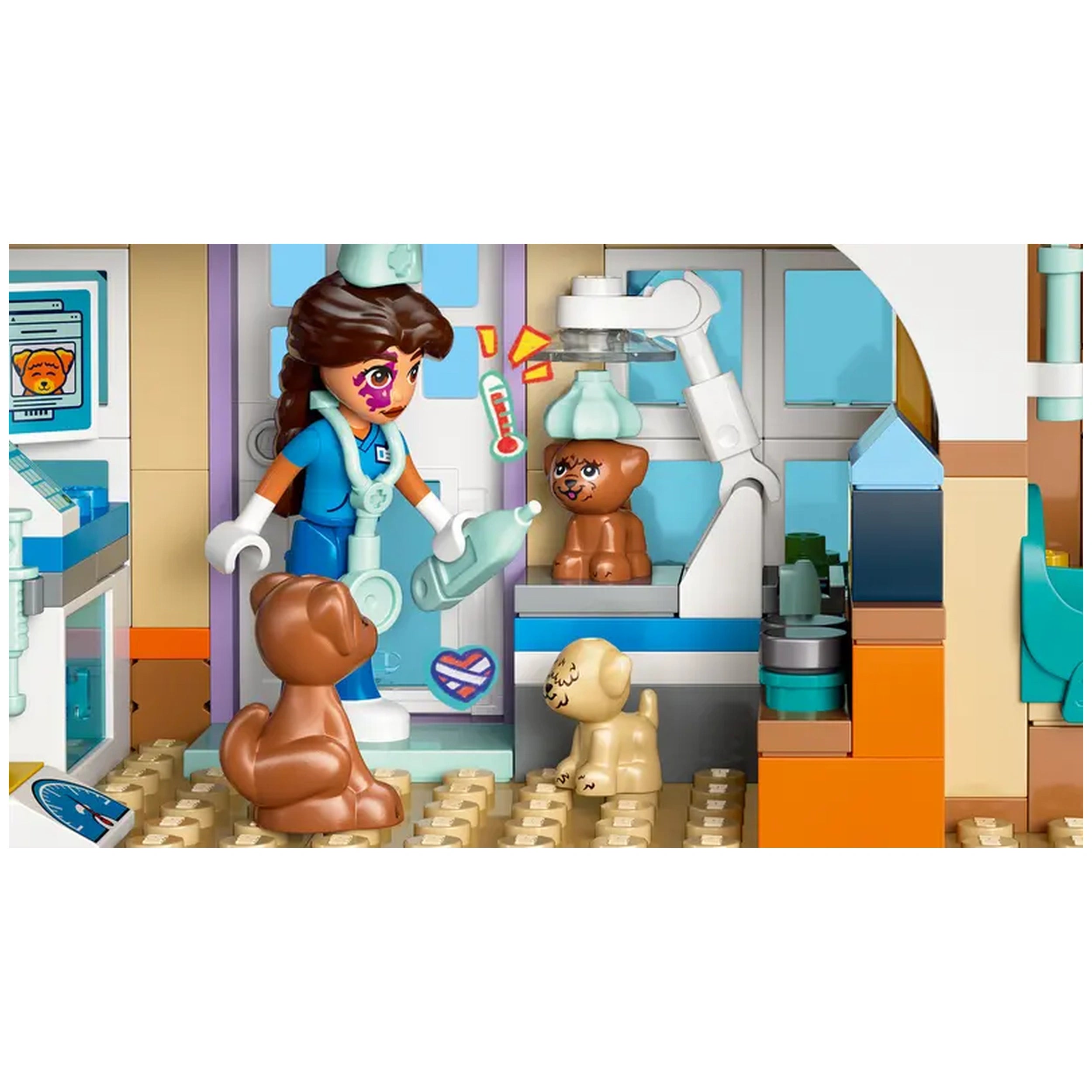 A vet in blue scrubs cares for a brown puppy in a veterinary clinic, surrounded by other cute animals and medical equipment.
