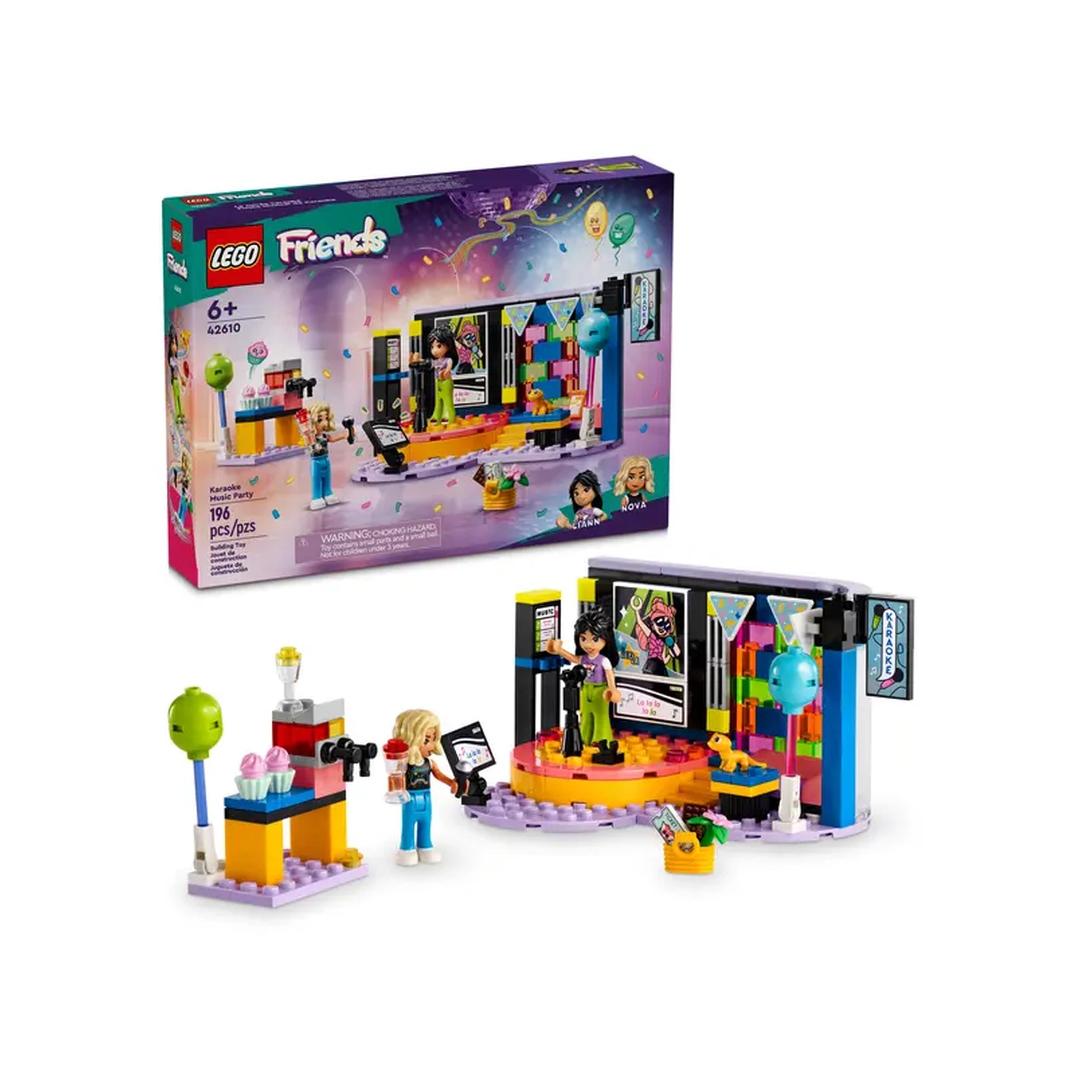 LEGO Friends Karaoke Music Party set featuring a colorful revolving stage, two mini-dolls, and a party backdrop with balloons and decorations.