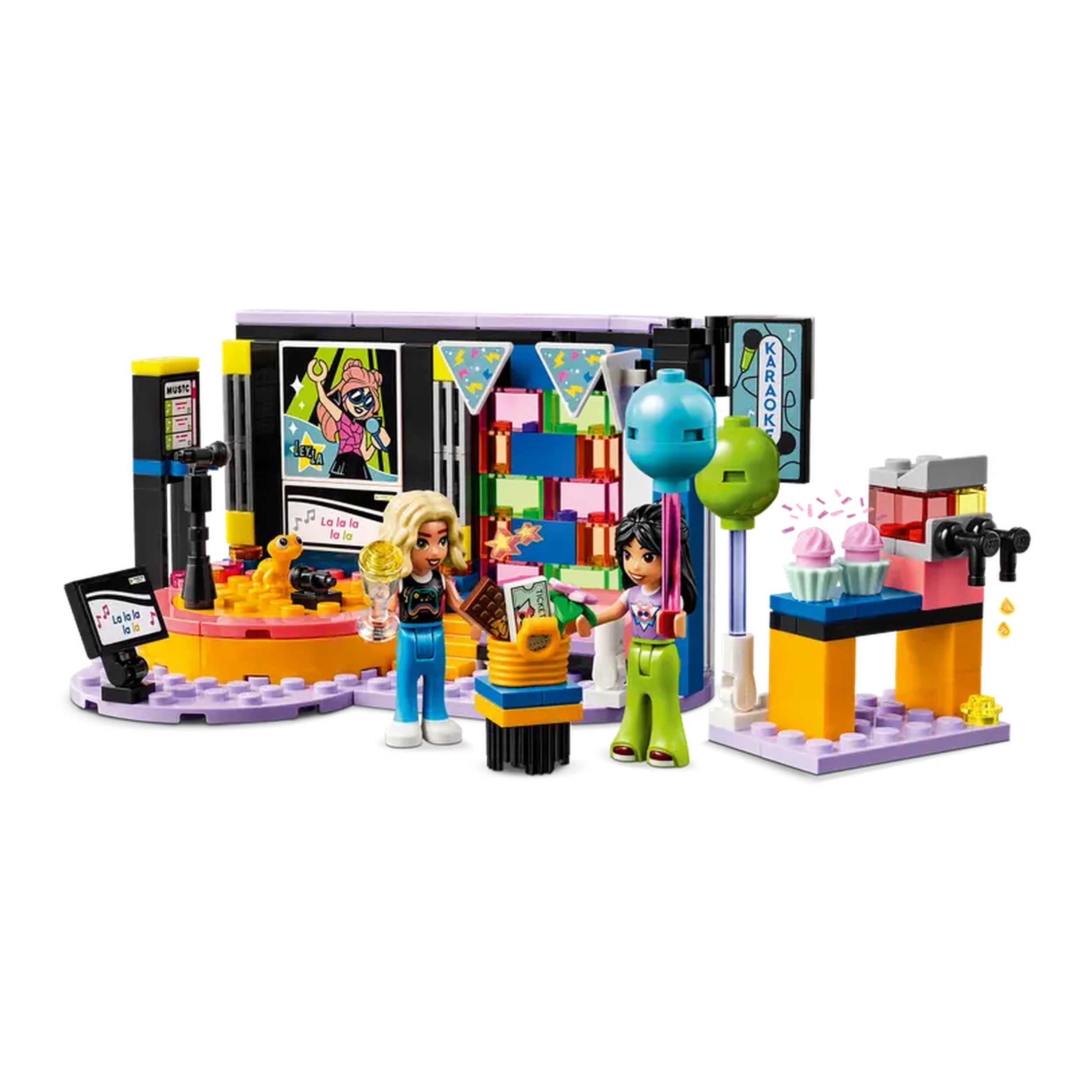 LEGO Friends Karaoke Music Party set features two mini-dolls, a colorful revolving stage, microphones, and a dessert stand.