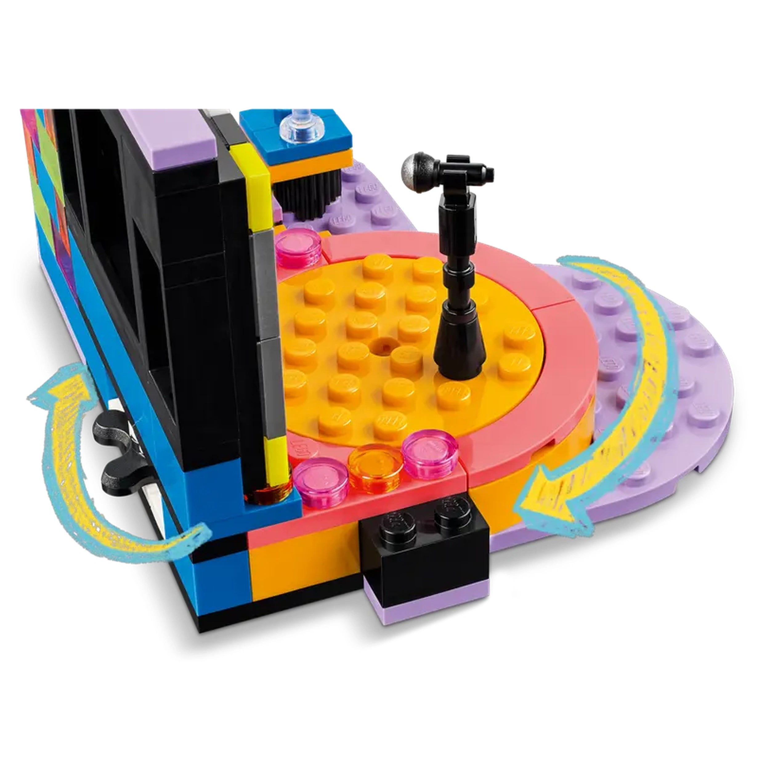 Colorful LEGO Friends Karaoke Music Party set featuring a vibrant revolving stage, microphone, and decorative elements for imaginative play.