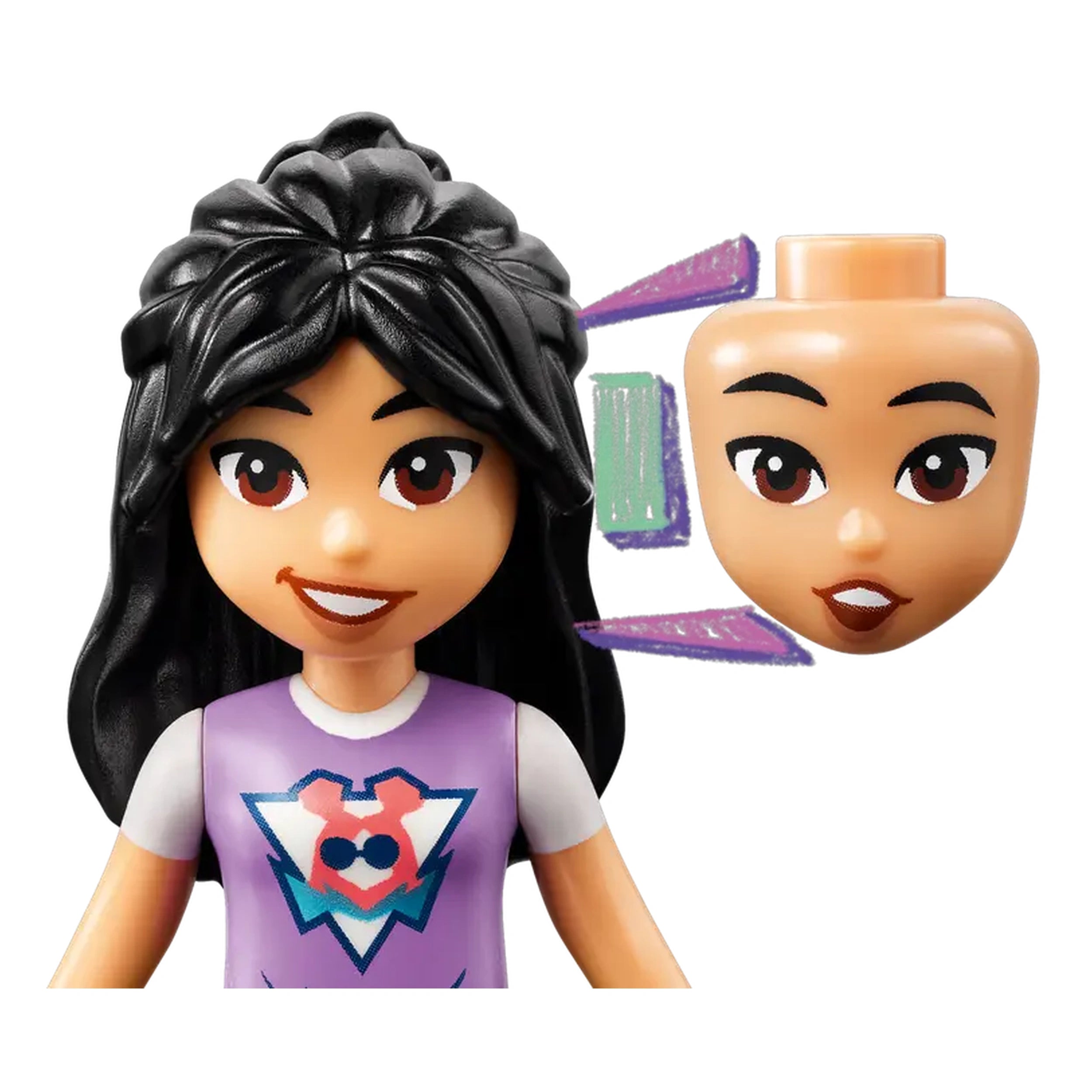 LEGO Friends character with long black hair, wearing a purple shirt featuring a logo, alongside an interchangeable head with a smiling expression.