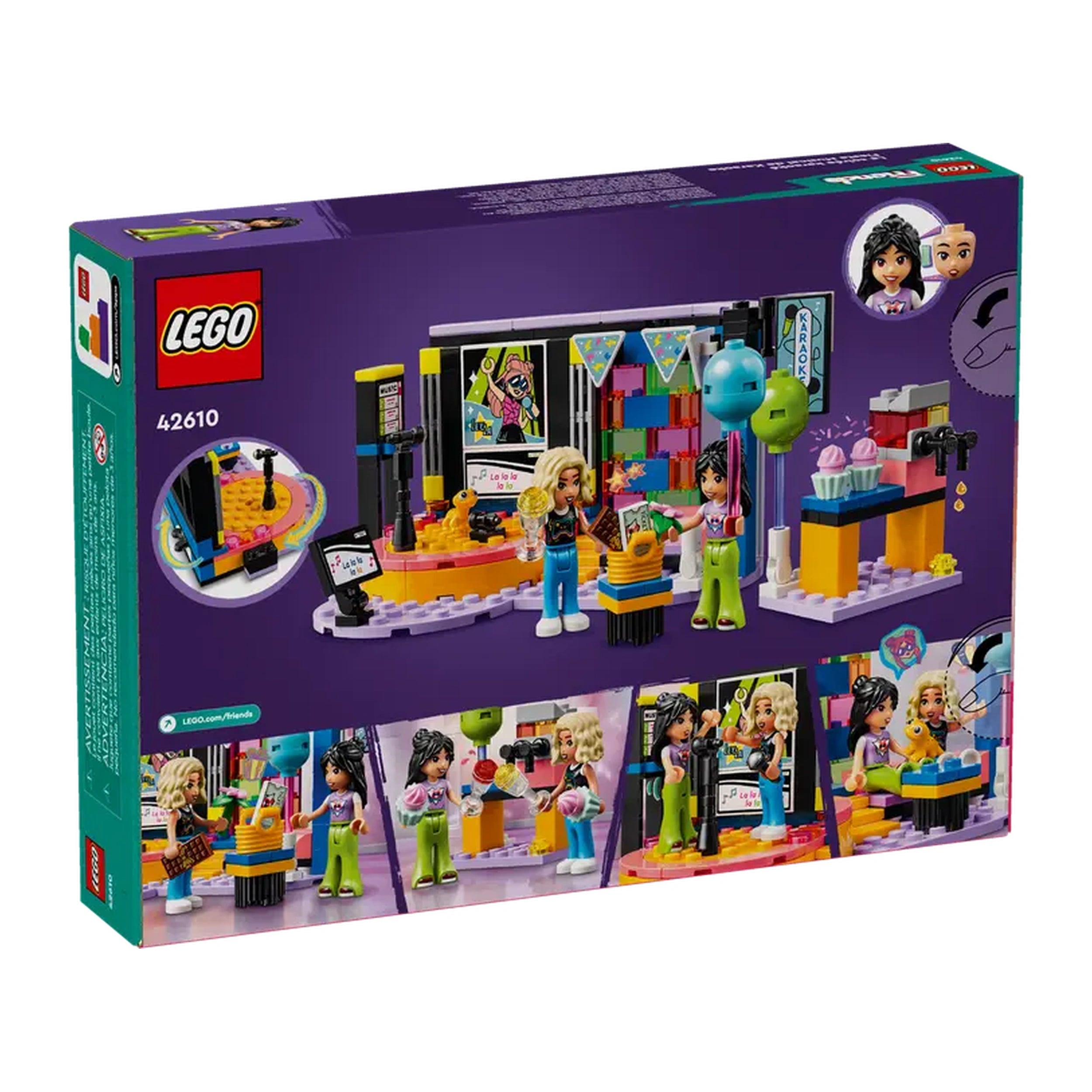 LEGO Friends Karaoke Music Party set featuring two mini-dolls, a vibrant revolving stage, microphones, and colorful decorations for a fun karaoke experience.