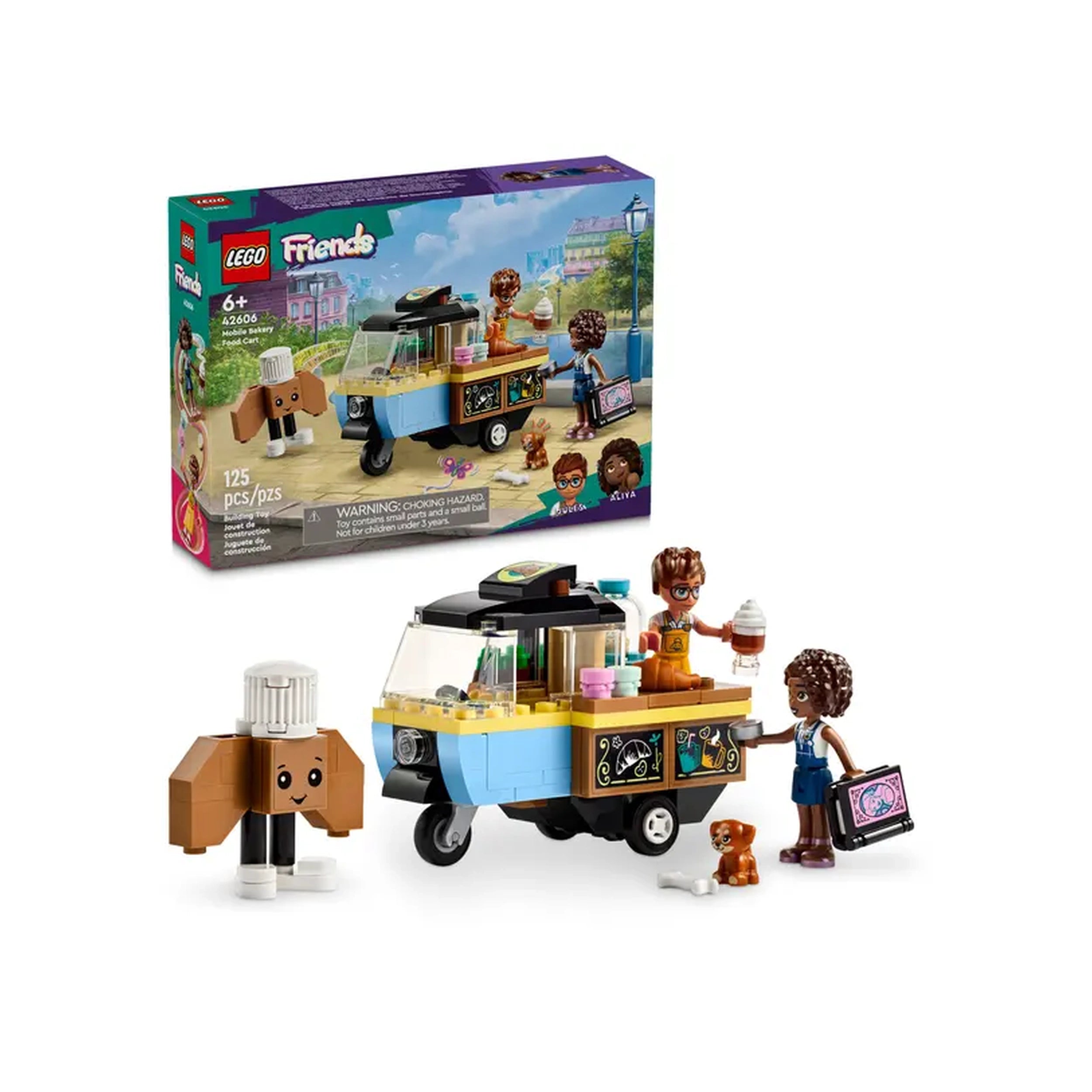 LEGO® Friends Mobile Bakery Food Cart set with two mini-dolls, Aliya and Jules, a dog figure, and a colorful wheeled cart featuring ice cream and treats.
