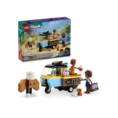 LEGO® Friends Mobile Bakery Food Cart set with two mini-dolls, Aliya and Jules, a dog figure, and a colorful wheeled cart featuring ice cream and treats.