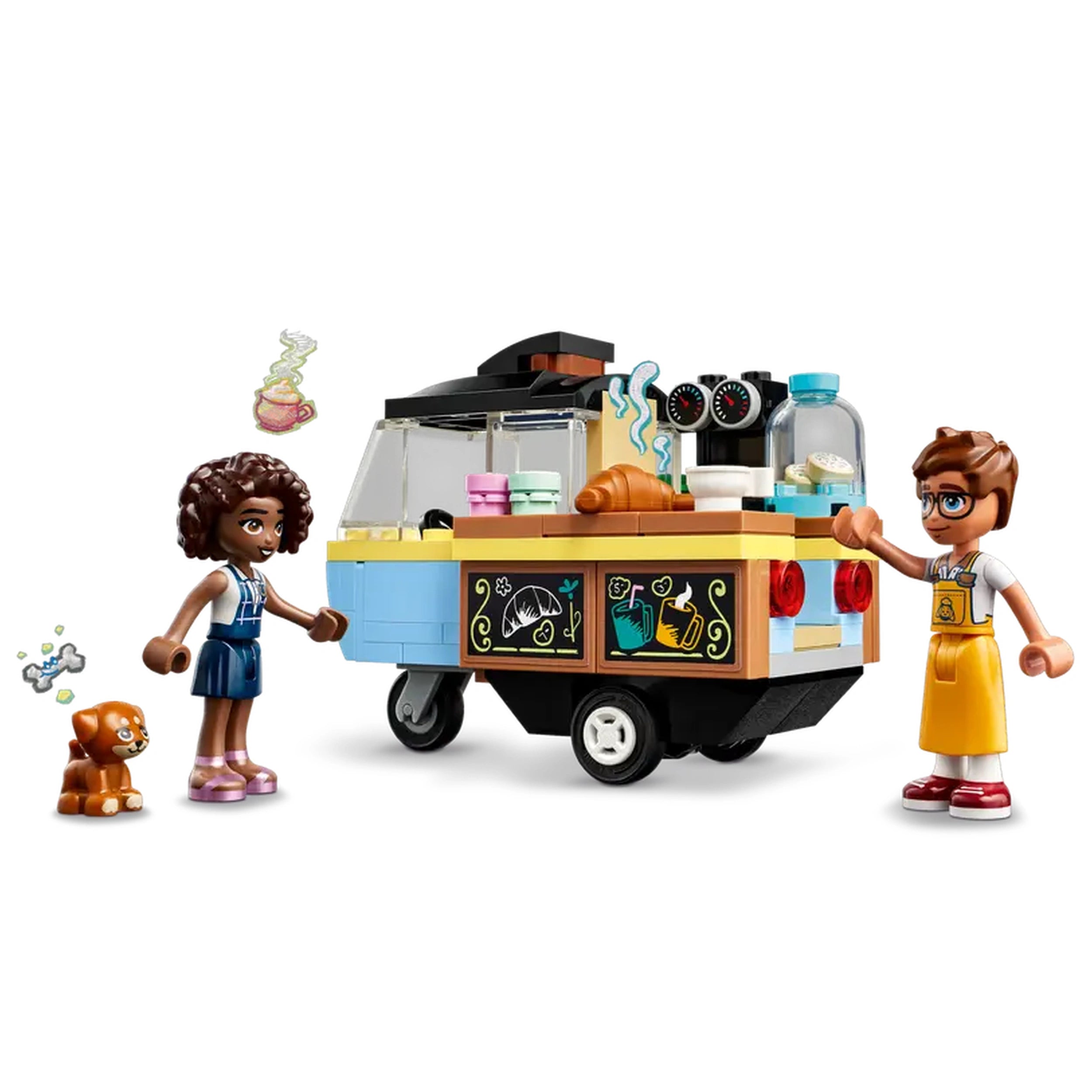 Two LEGO® mini-dolls, one wearing a striped dress and the other in an apron, interact by a colorful mobile bakery cart, featuring treats like croissants. A small dog sits nearby, with playful icons of pastries and steam rising from the cart.