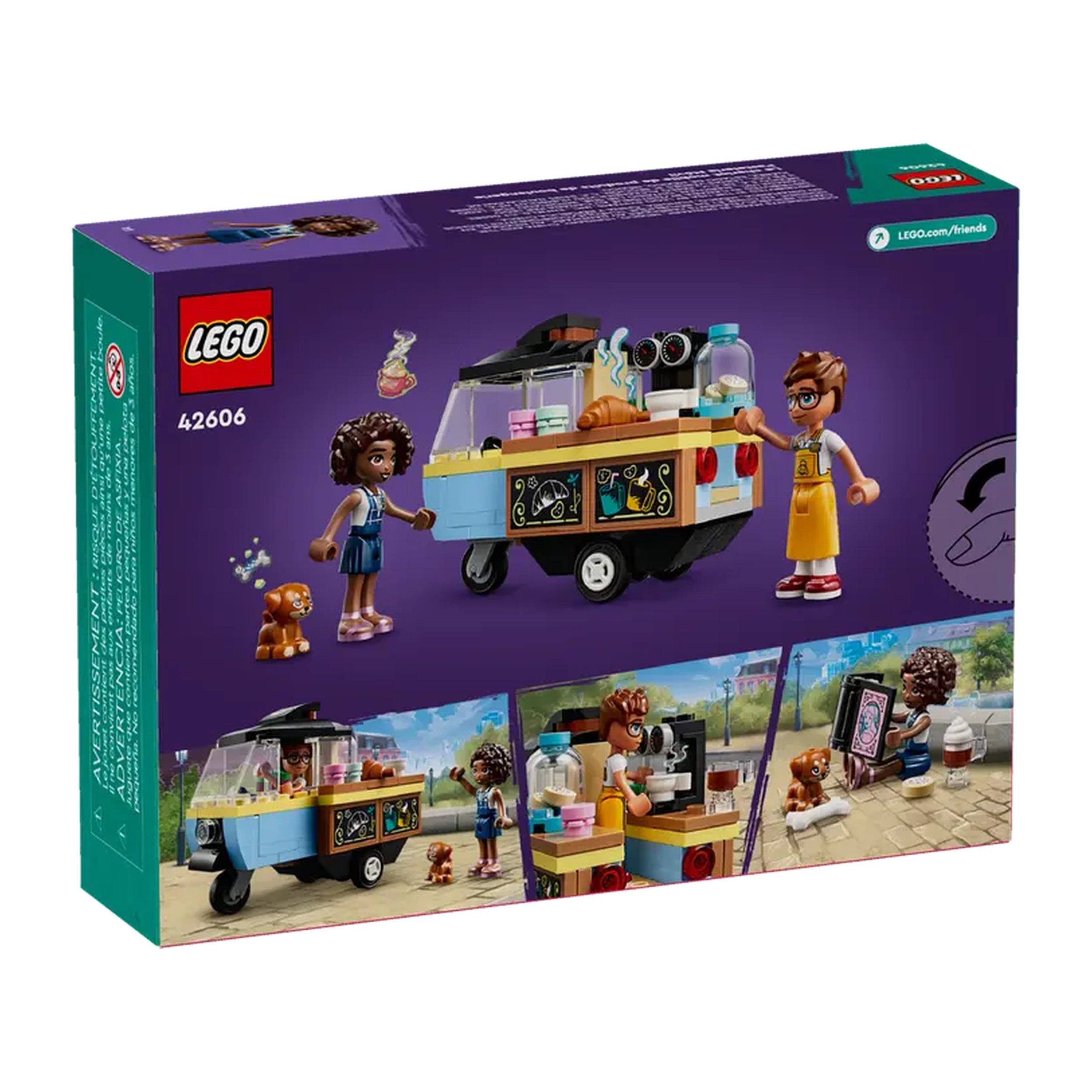 LEGO® Friends Mobile Bakery Food Cart set, featuring mini-dolls Aliya and Jules engaging with a playful dog Aira, with colorful treats.