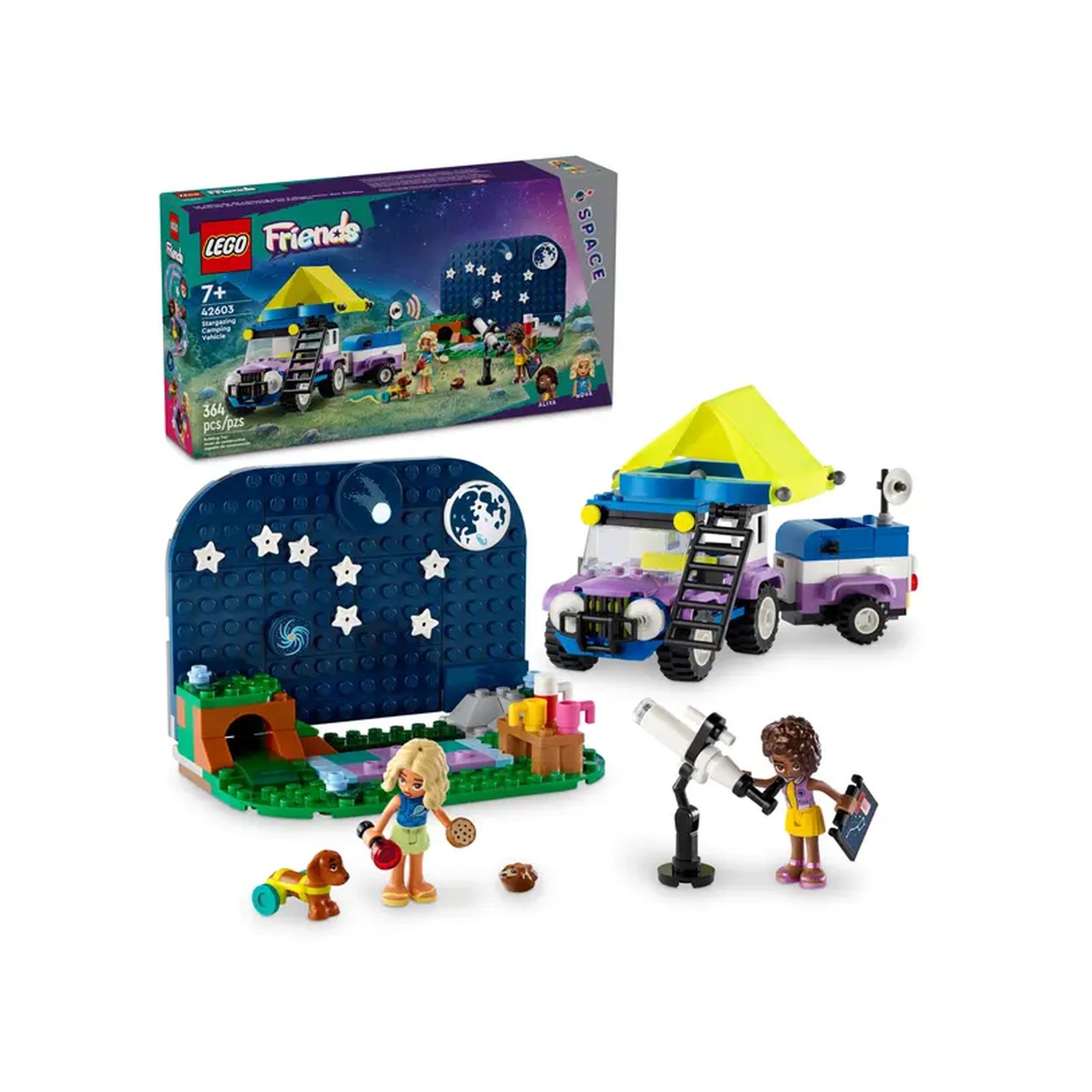 LEGO Friends Stargazing Camping Vehicle set featuring a buildable purple 4x4 vehicle, camping trailer, and two mini-dolls exploring under a starry backdrop. A telescope and dog figure are included beside a camp setup with colorful accessories.
