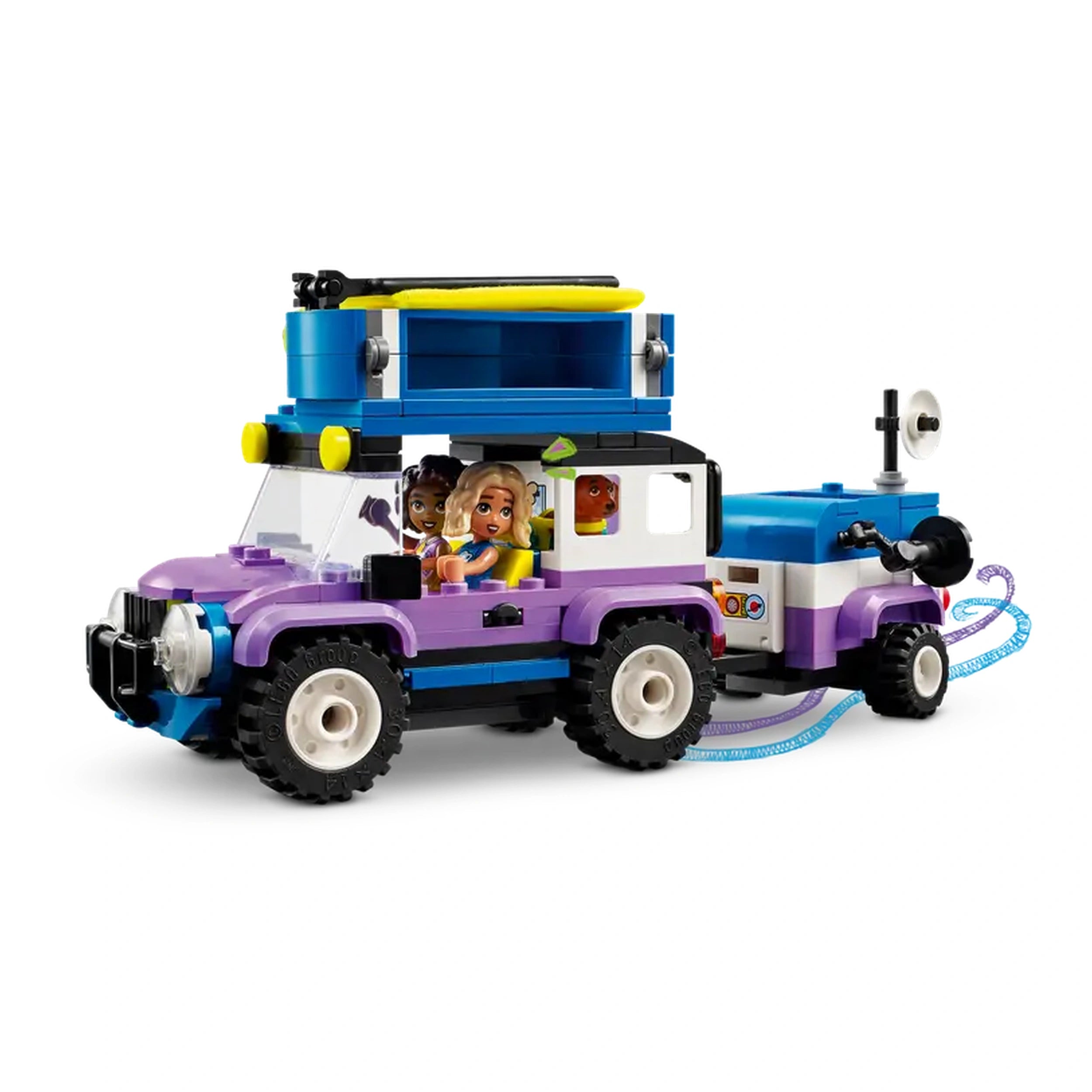 LEGO® Friends Stargazing Camping Vehicle in vibrant colors features a purple 4x4 vehicle towing a camping trailer, with two mini-dolls inside.
