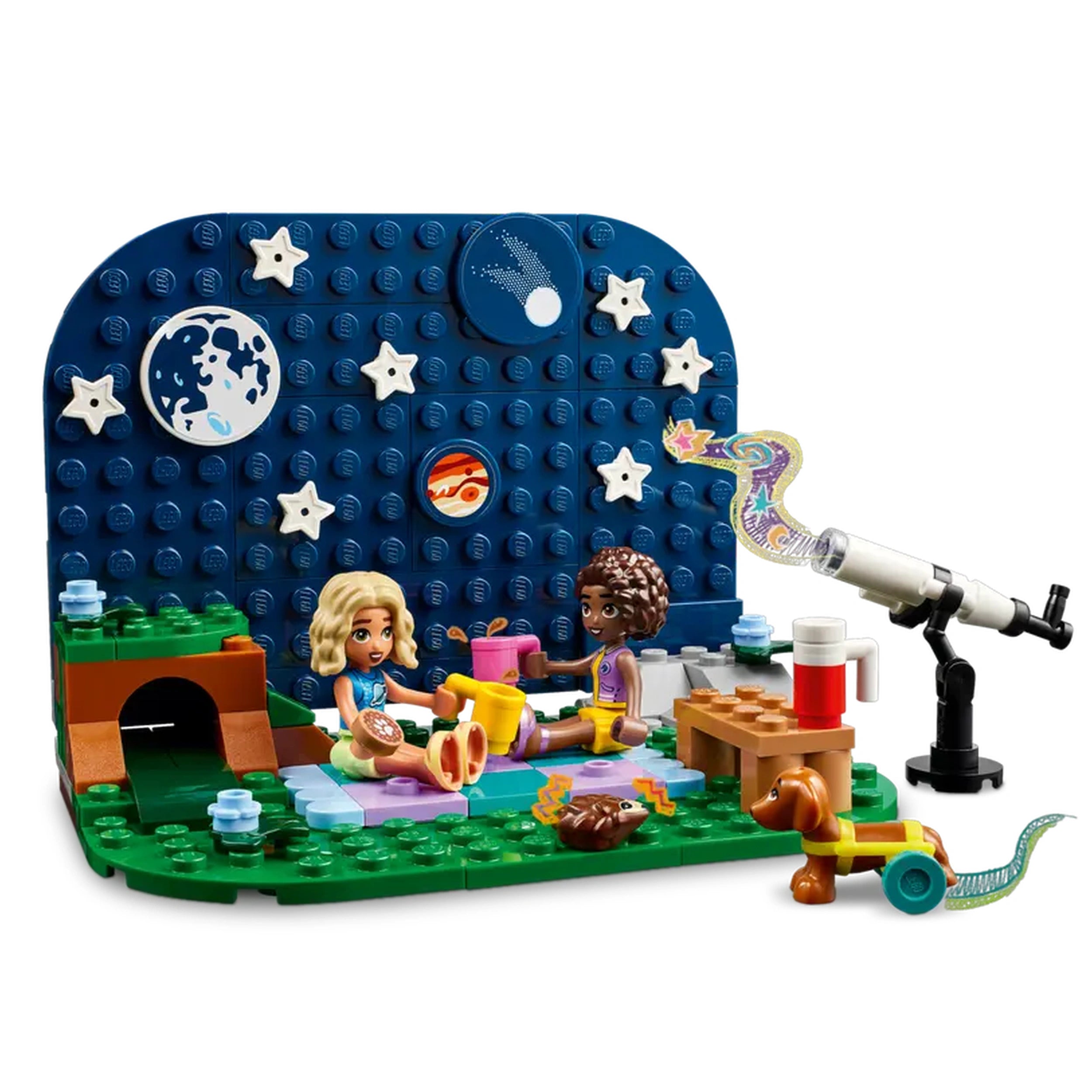Two mini-dolls, Nova and Aliya, sit on a colorful mat in front of a night sky backdrop filled with stars and planets. A toy telescope stands nearby, while a small dog figure and a hedgehog figure are part of the scene. They are surrounded by camping accessories, including a tent and picnic items, creating a playful stargazing atmosphere.