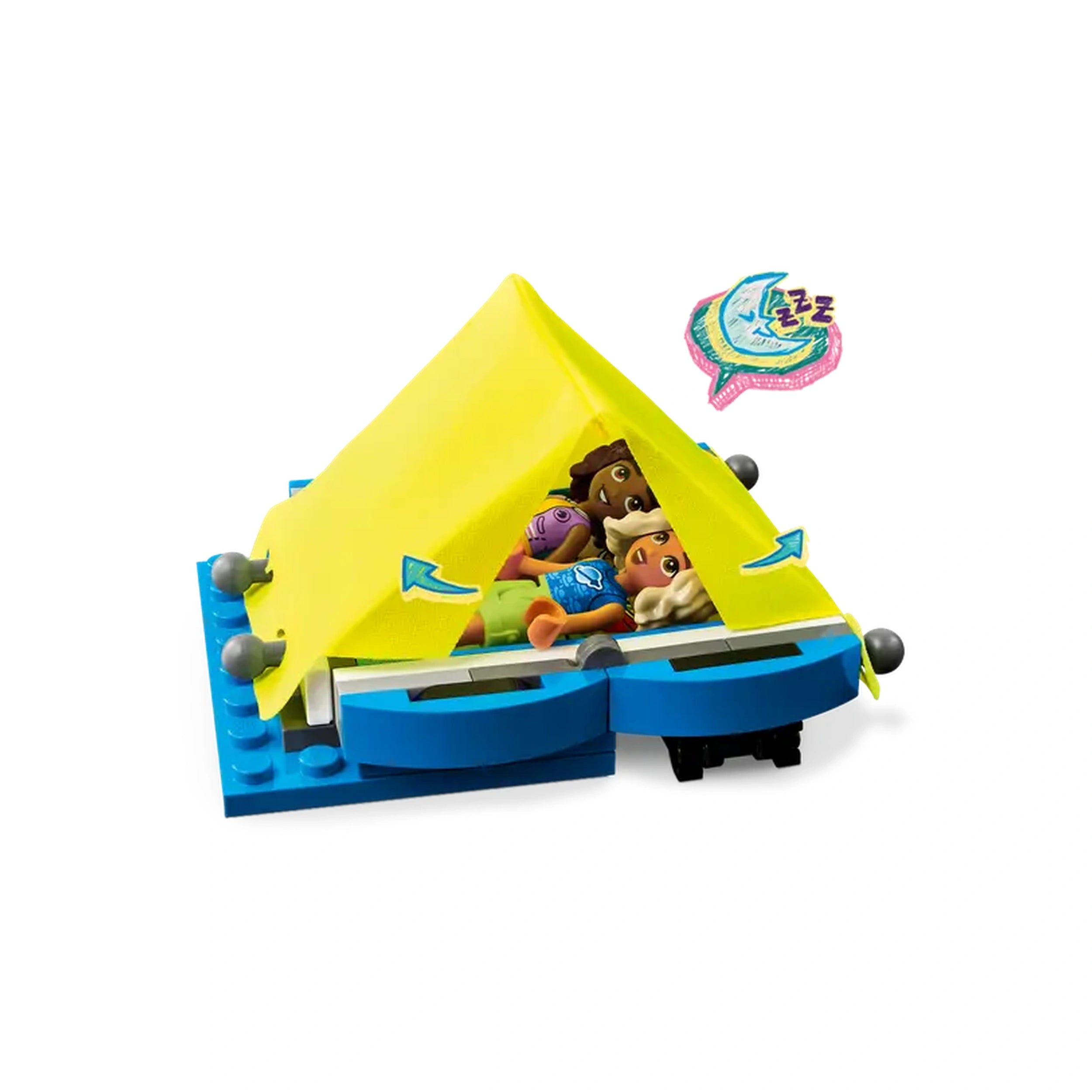 Two LEGO mini-dolls peeking from a bright yellow tent set on a blue base, surrounded by camping elements, suggesting a night under the stars.
