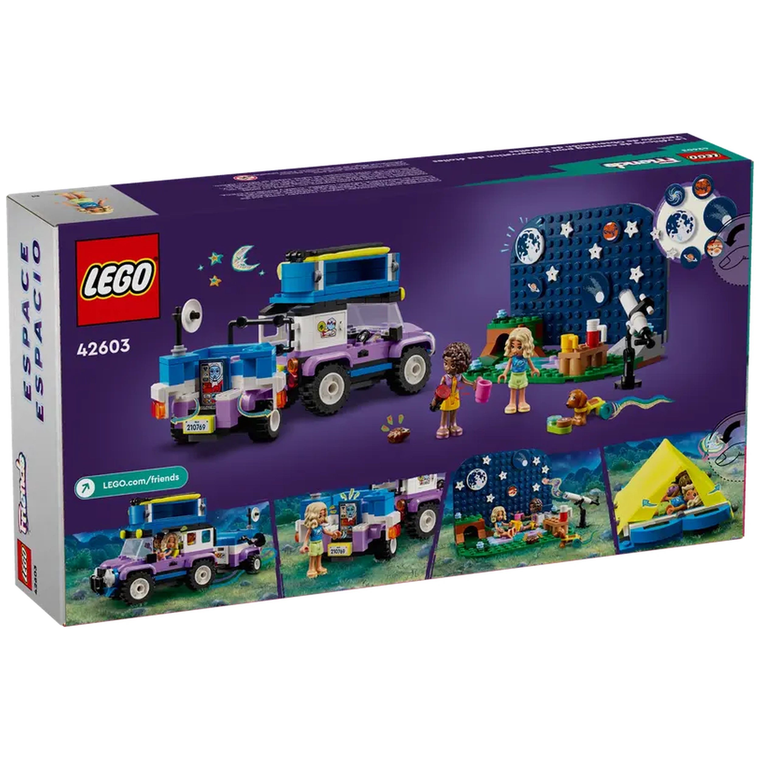 LEGO® Friends Stargazing Camping Vehicle set featuring a colorful 4x4 vehicle, camping trailer, mini-dolls, a dog figure, and a telescope against a night sky backdrop.