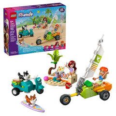LEGO Friends Surfing Dogs and Scooter Adventure set featuring two minidolls, two corgis, a colorful scooter, and beach accessories, with a vibrant box in the background.