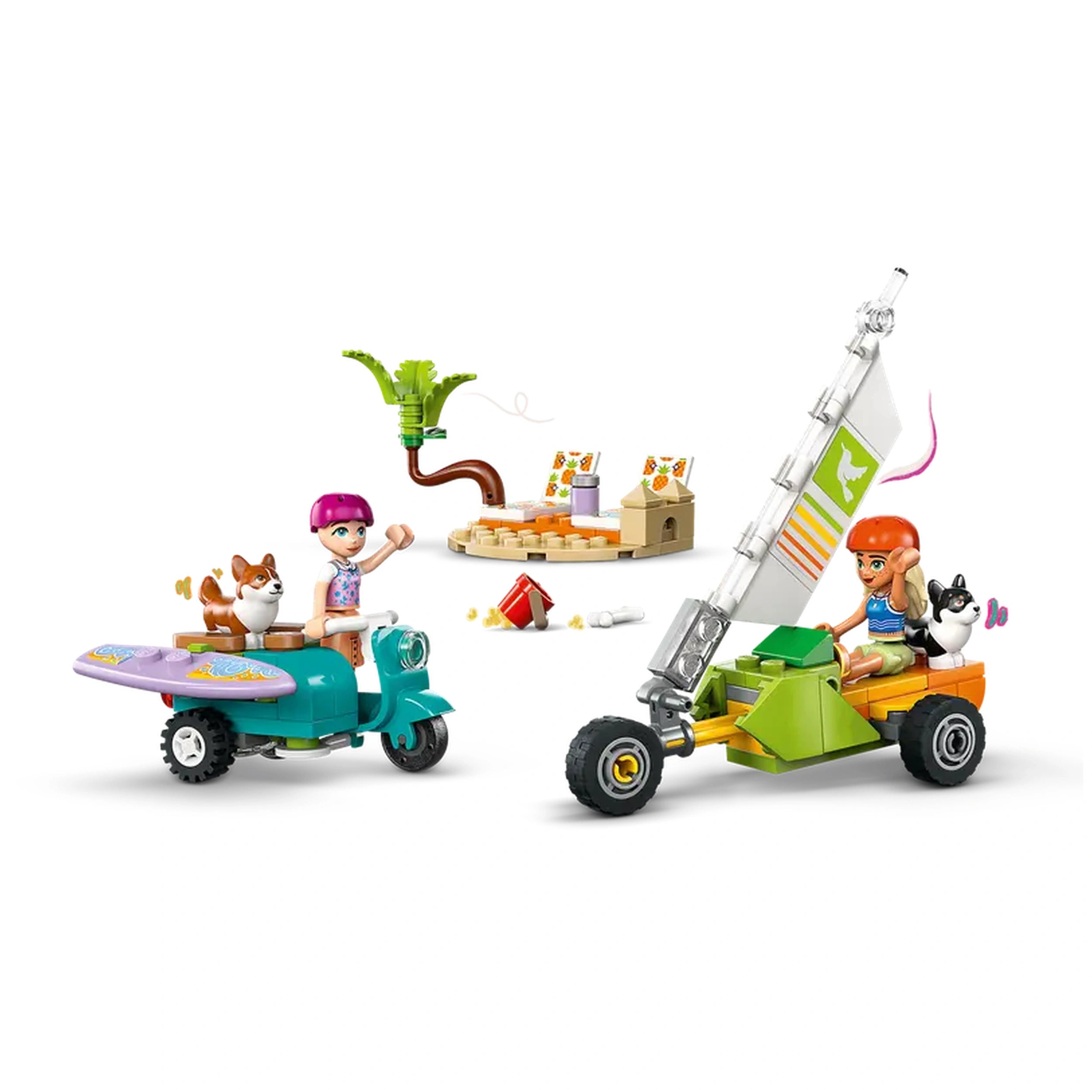 Two LEGO Friends minidolls, one with pink hair, wave from colorful scooters alongside corgi figures. A beach scene with a palm tree, lounge chairs, and snacks is nearby.