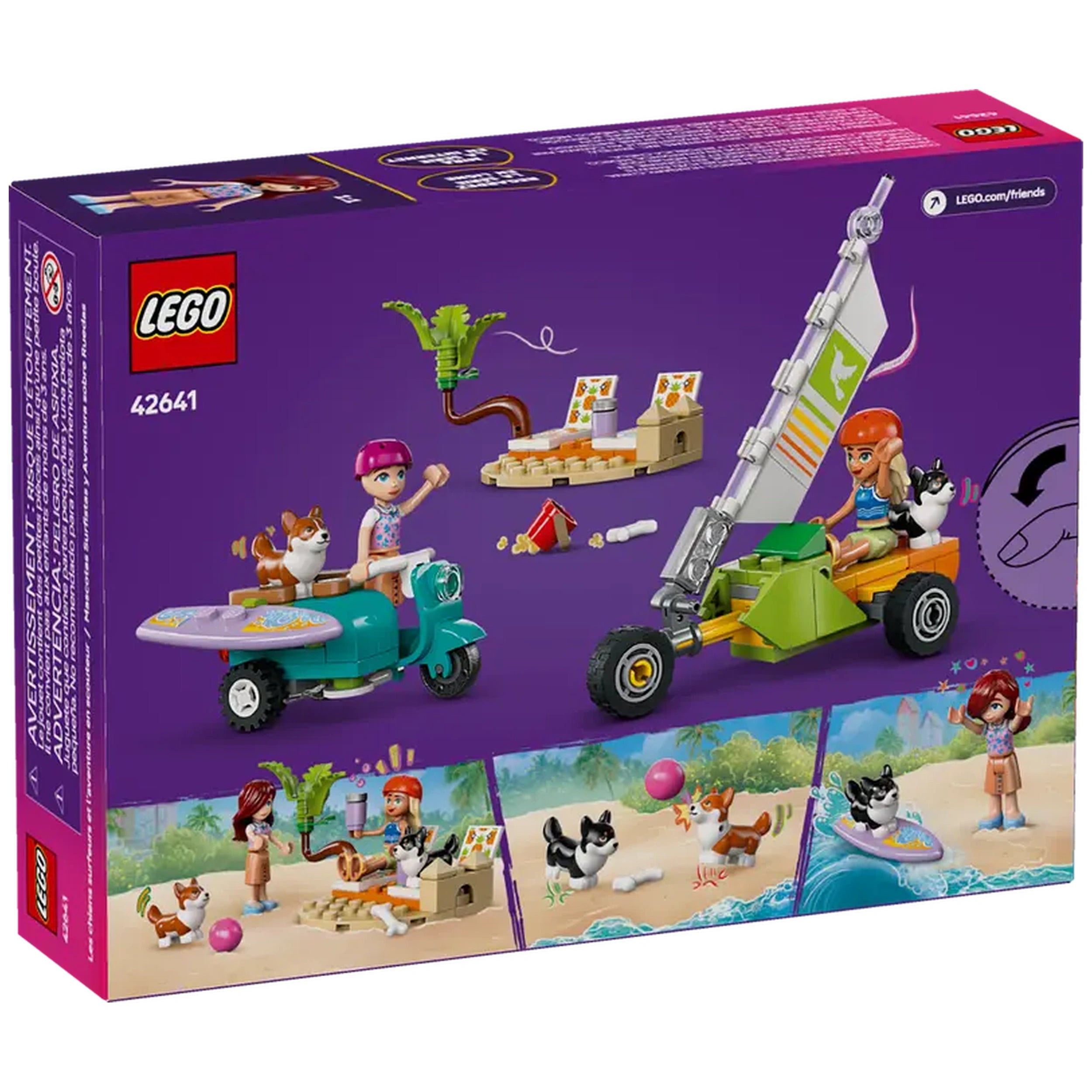 Lego Friends Surfing Dogs and Scooter Adventure set featuring two minidolls with vibrant beach-themed accessories and playful corgi figures.