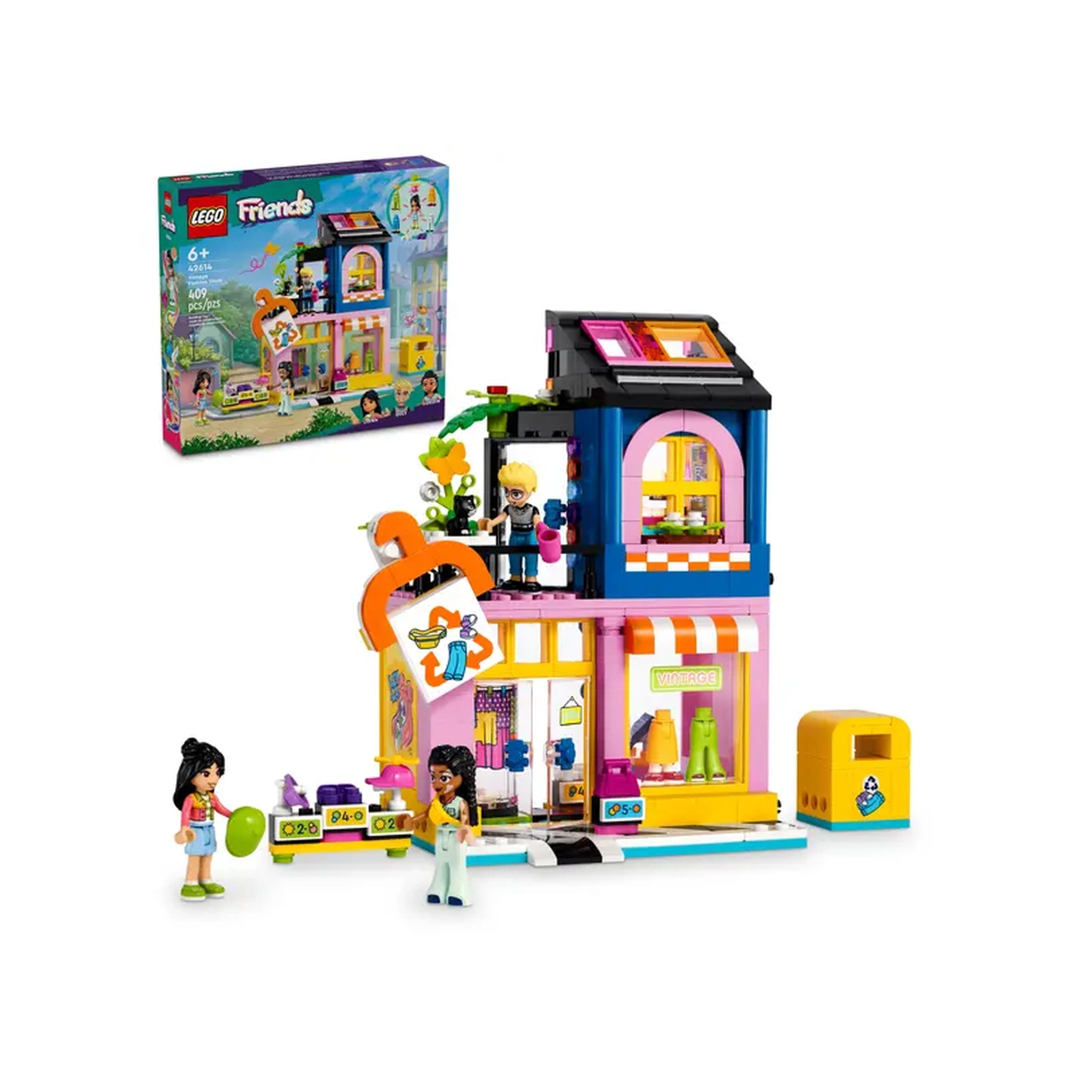 LEGO Friends Vintage Fashion Store construction set, featuring colorful building, three characters, and a sewing workshop for creative play.
