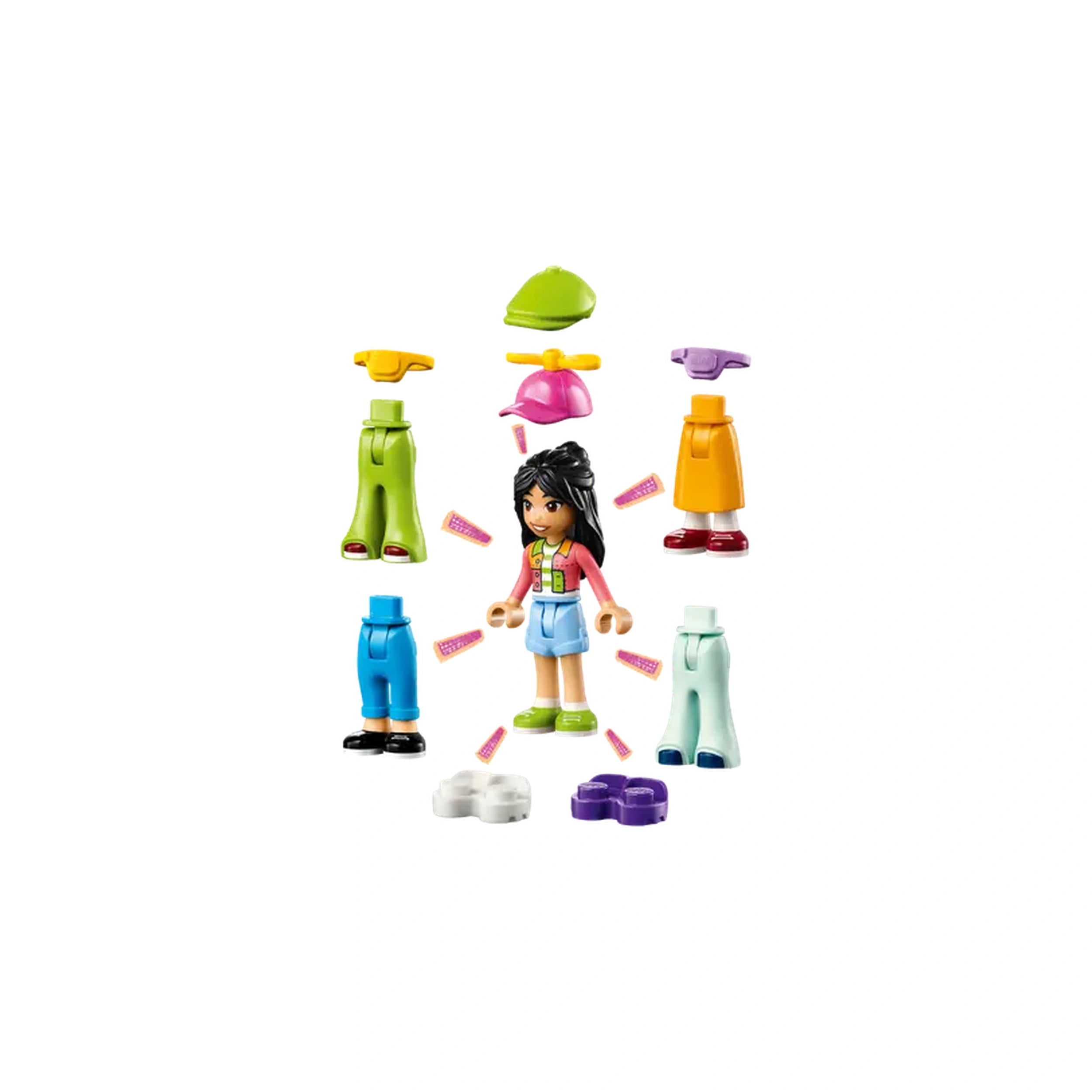 LEGO Friends character surrounded by colorful clothing and accessories including pants, hats, and shoes, promoting imaginative fashion play.