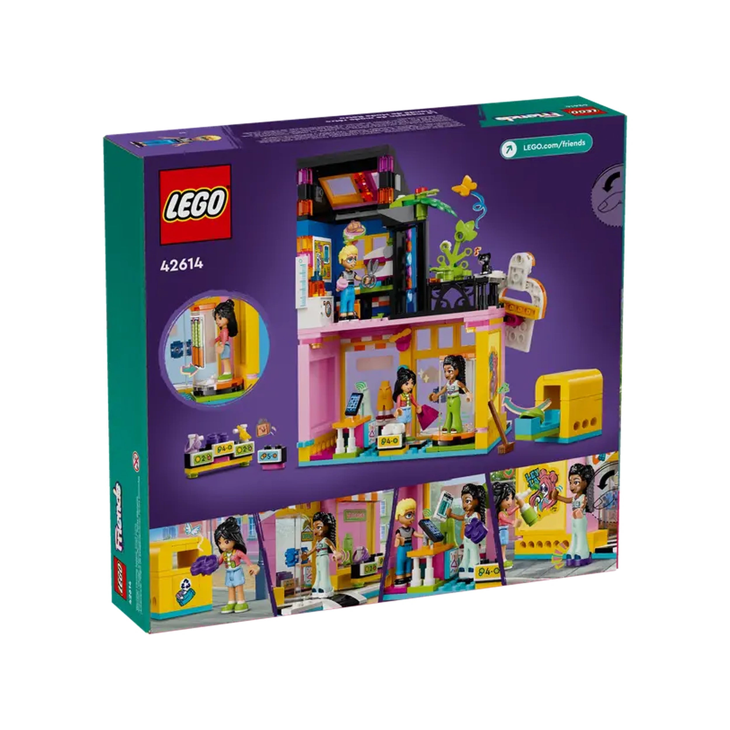 LEGO® Friends Vintage Fashion Store set, featuring three colorful characters, a cat, a sewing machine, and vibrant accessories for imaginative play.