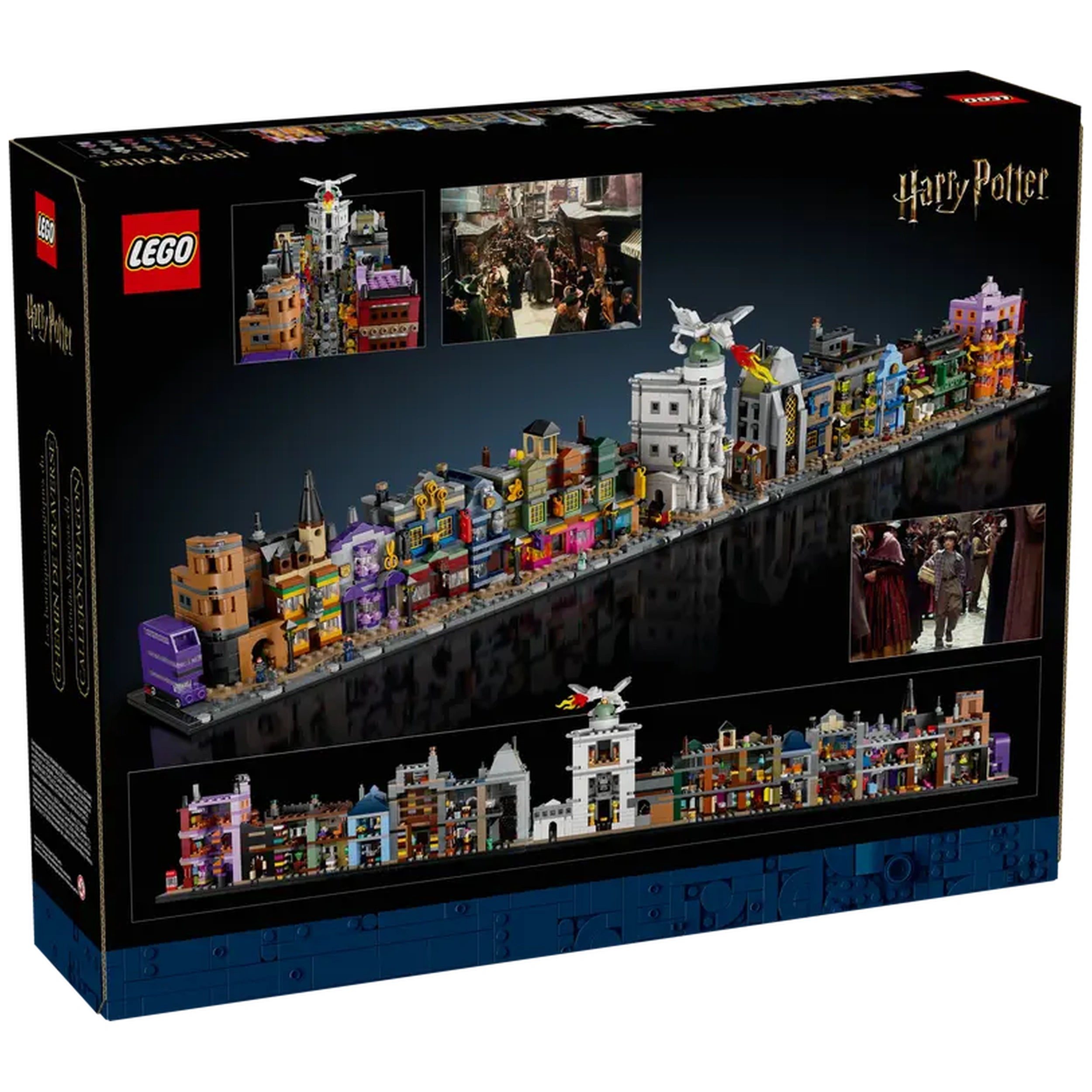 LEGO Harry Potter Diagon Alley construction set showcasing colorful microscale shops, including Ollivanders and Weasleys' Wizard Wheezes, with details and elements evoking the wizarding world.