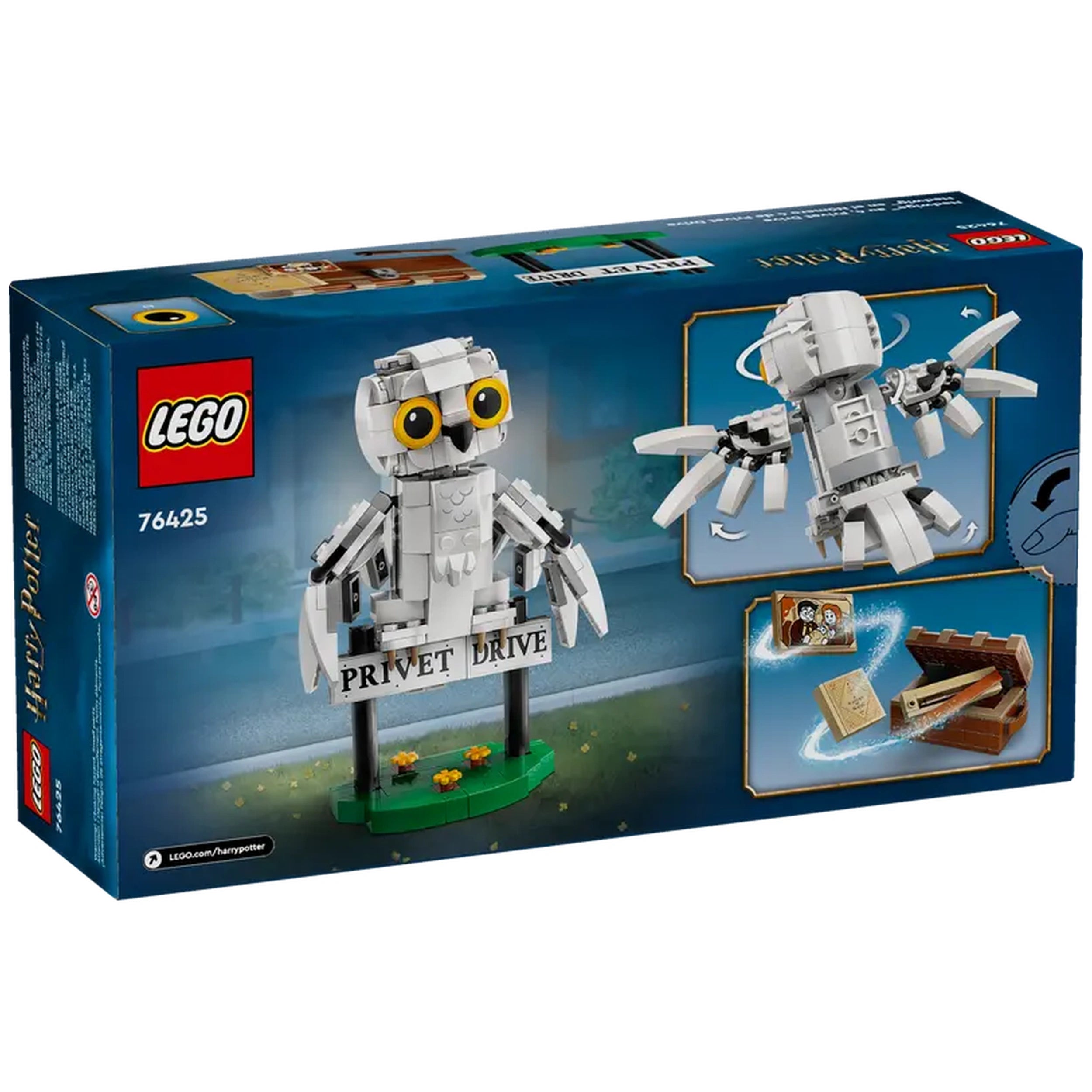 LEGO Harry Potter construction set featuring a posable Hedwig owl perched on a 'Privet Drive' sign, with colorful flowers and a magical theme.