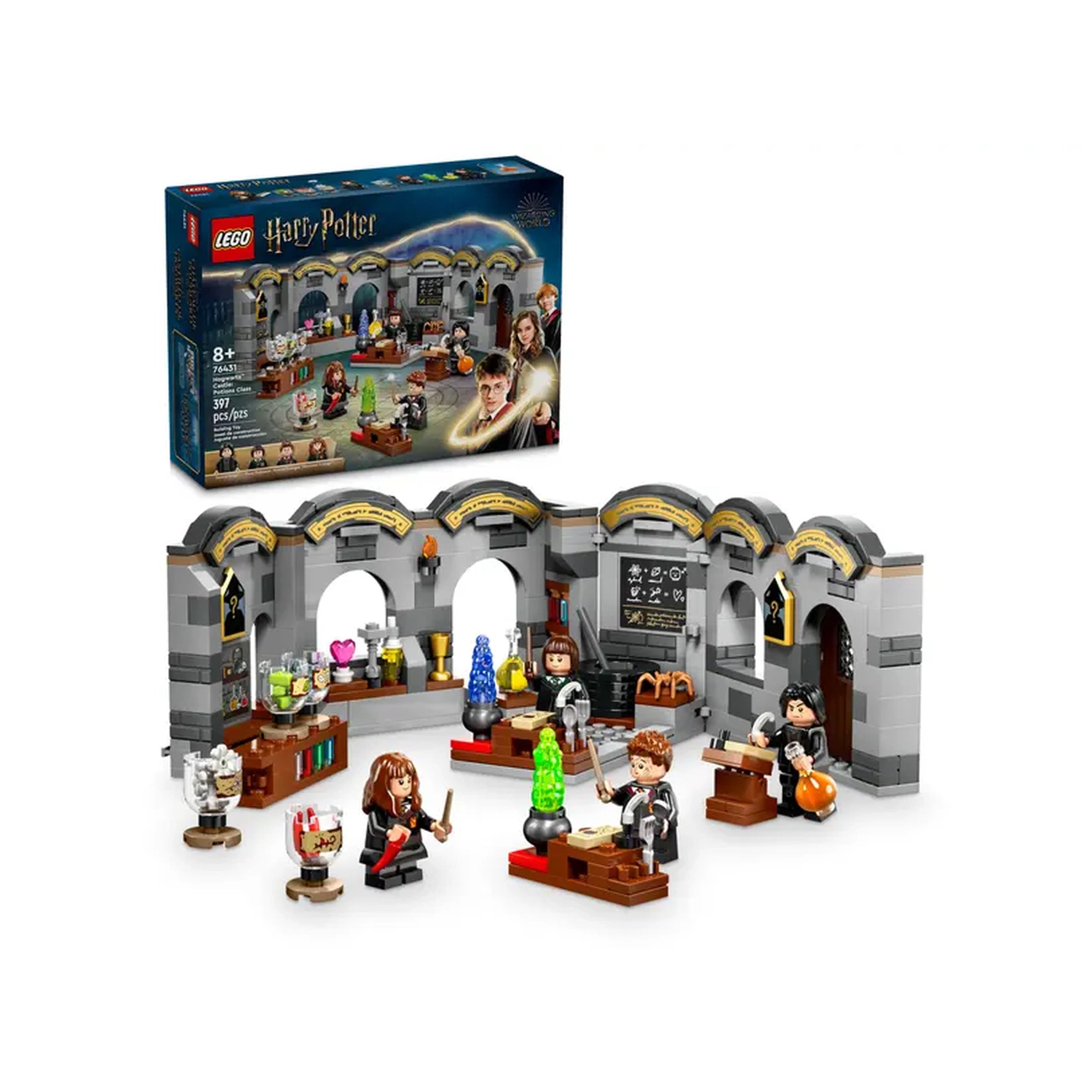 LEGO Harry Potter Hogwarts Castle: Potions Class set features a detailed classroom with iconic character minifigures, potion ingredients, and equipment. The packaging shows colorful elements and a whimsical design.