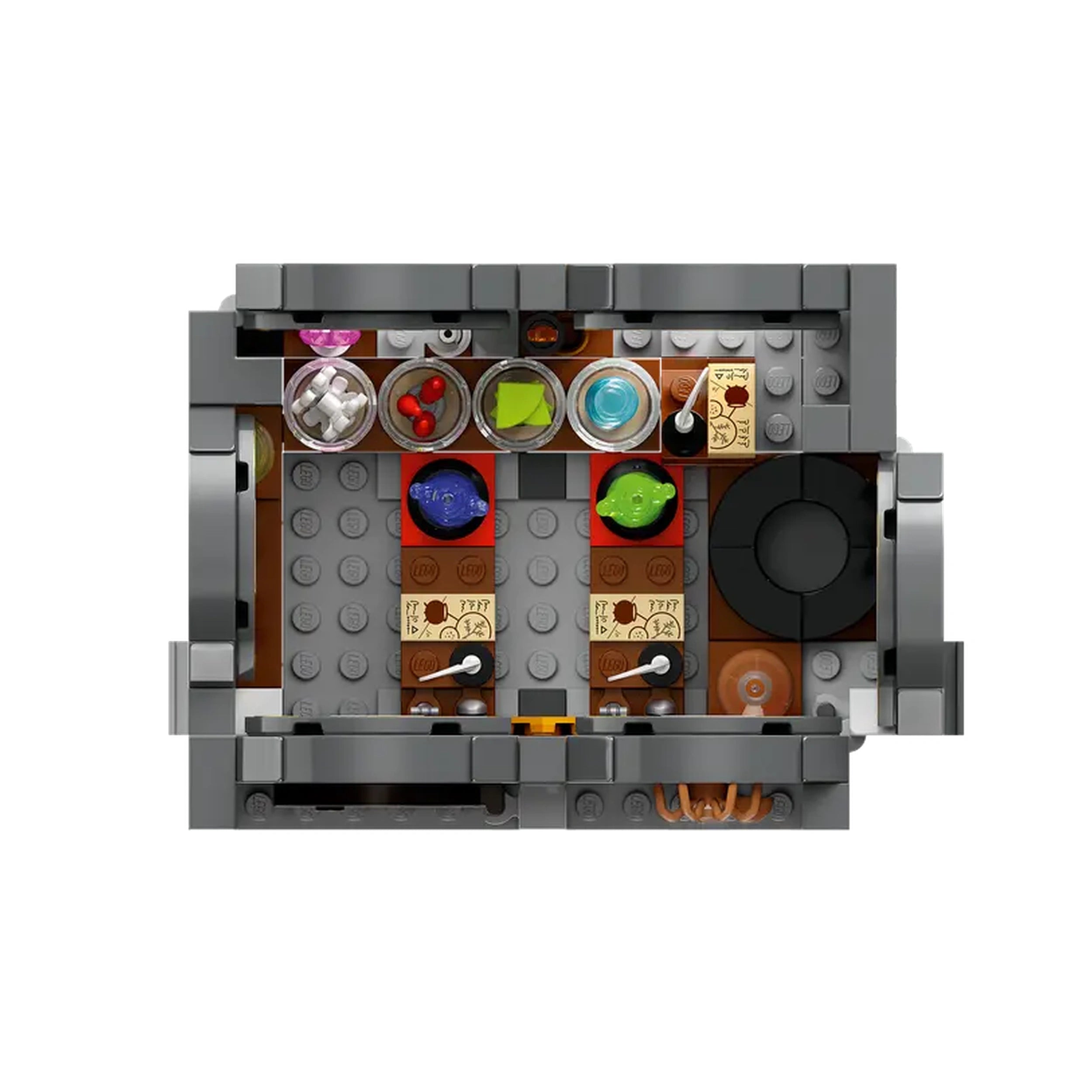 LEGO Harry Potter Hogwarts Castle Potions Class set featuring a detailed classroom layout with potion ingredients, a blackboard, and two student desks.