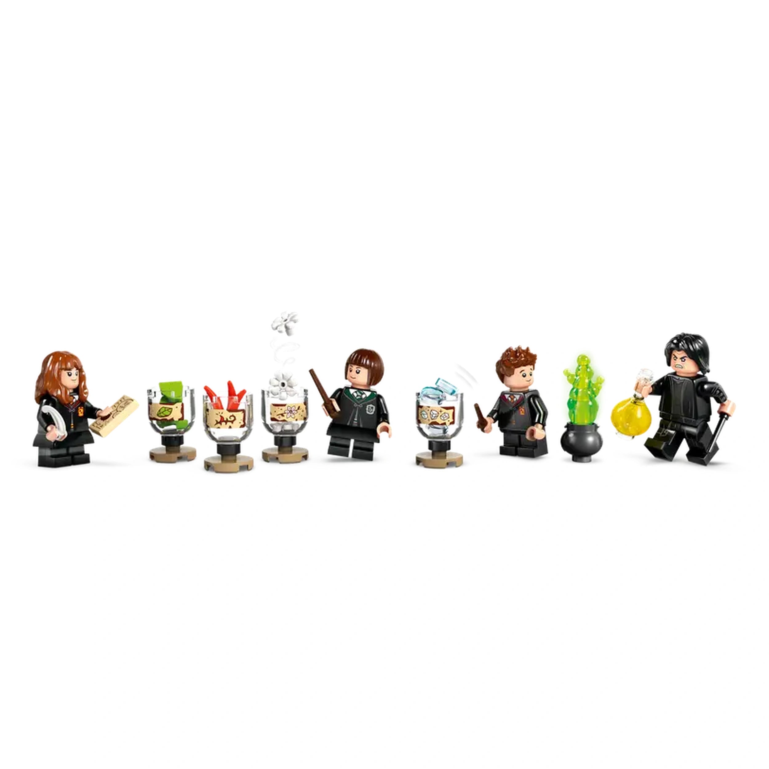 LEGO minifigures of Hermione Granger, Pansy Parkinson, Seamus Finnigan, and Severus Snape engaged in a potions class, with potion ingredients displayed in glass containers.