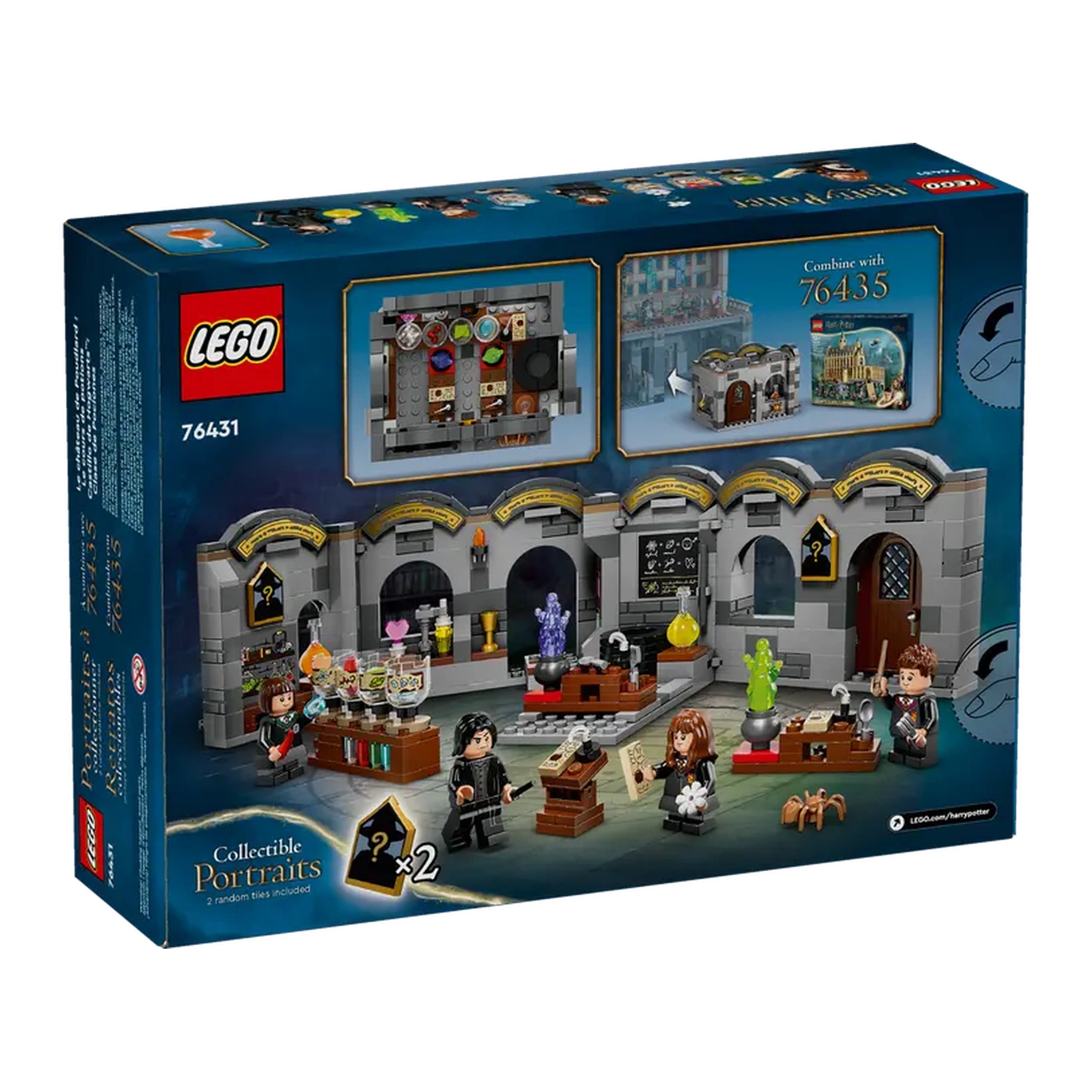 LEGO Harry Potter Hogwarts Castle Potions Class set features a detailed classroom with Professor Snape, Hermione, and Pansy, surrounded by potion ingredients and lab equipment. The box showcases the enchanting scene with shelves, a blackboard, and spellbinding decorations.