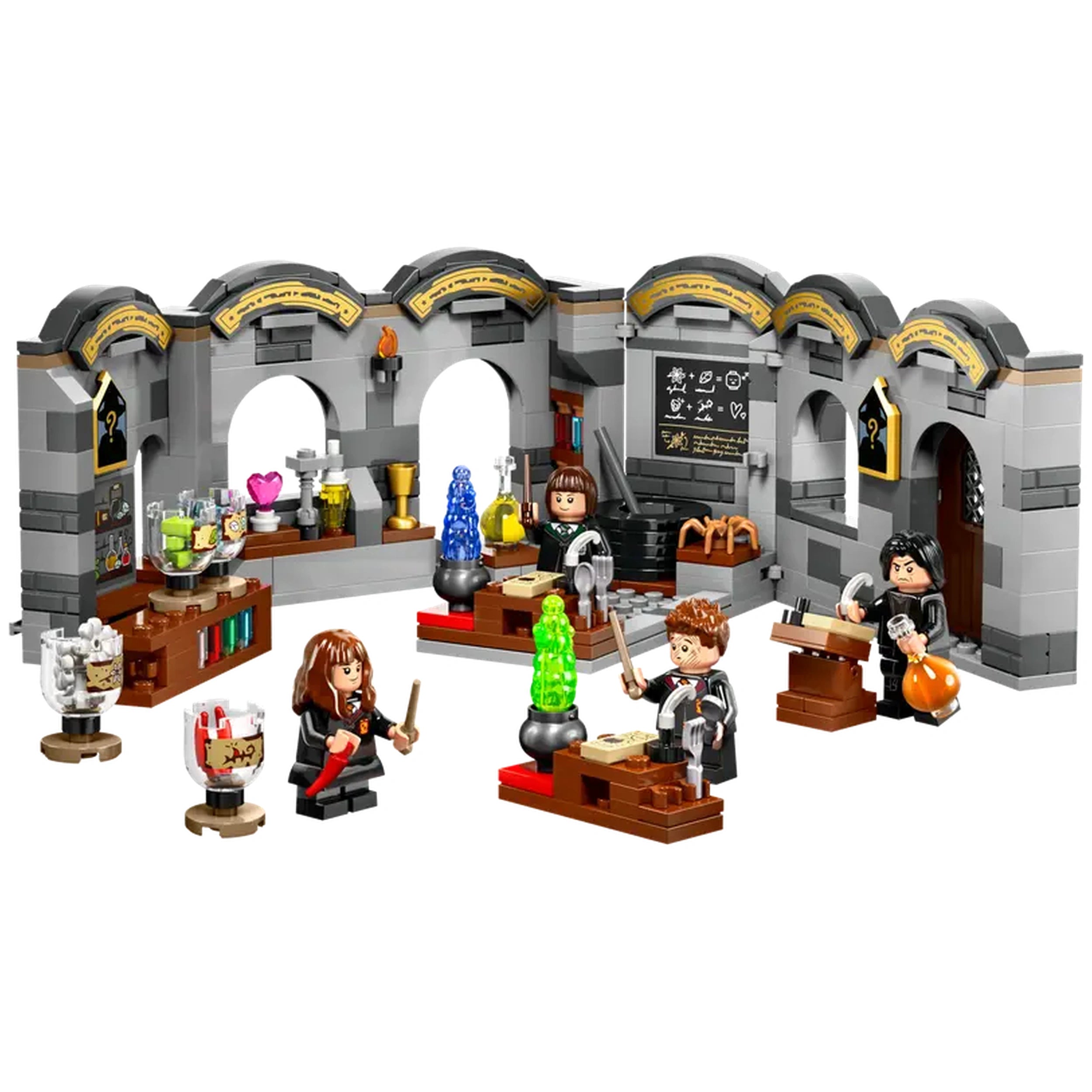 LEGO Harry Potter Hogwarts Castle potions classroom set with four minifigures, colorful potion bottles, and a blackboard.