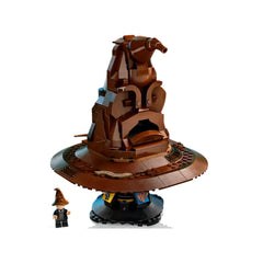 LEGO Harry Potter Talking Sorting Hat construction set, featuring a detailed brown Sorting Hat model with a display stand, alongside a minifigure wearing a small hat.