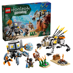 LEGO Horizon Adventures construction set featuring Aloy and Varl battling Shell-Walker and Sawtooth, with vibrant elements and iconic minifigures.