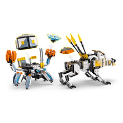Colorful LEGO construction set featuring a robotic crab with customizable weapons and a mechanical creature, both inspired by Horizon Adventures.