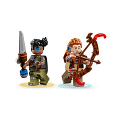 Aloy and Varl Lego minifigures stand side by side, Aloy armed with a bow and Varl holding a spear, both showcasing detailed designs and colors inspired by the Horizon Adventures series.