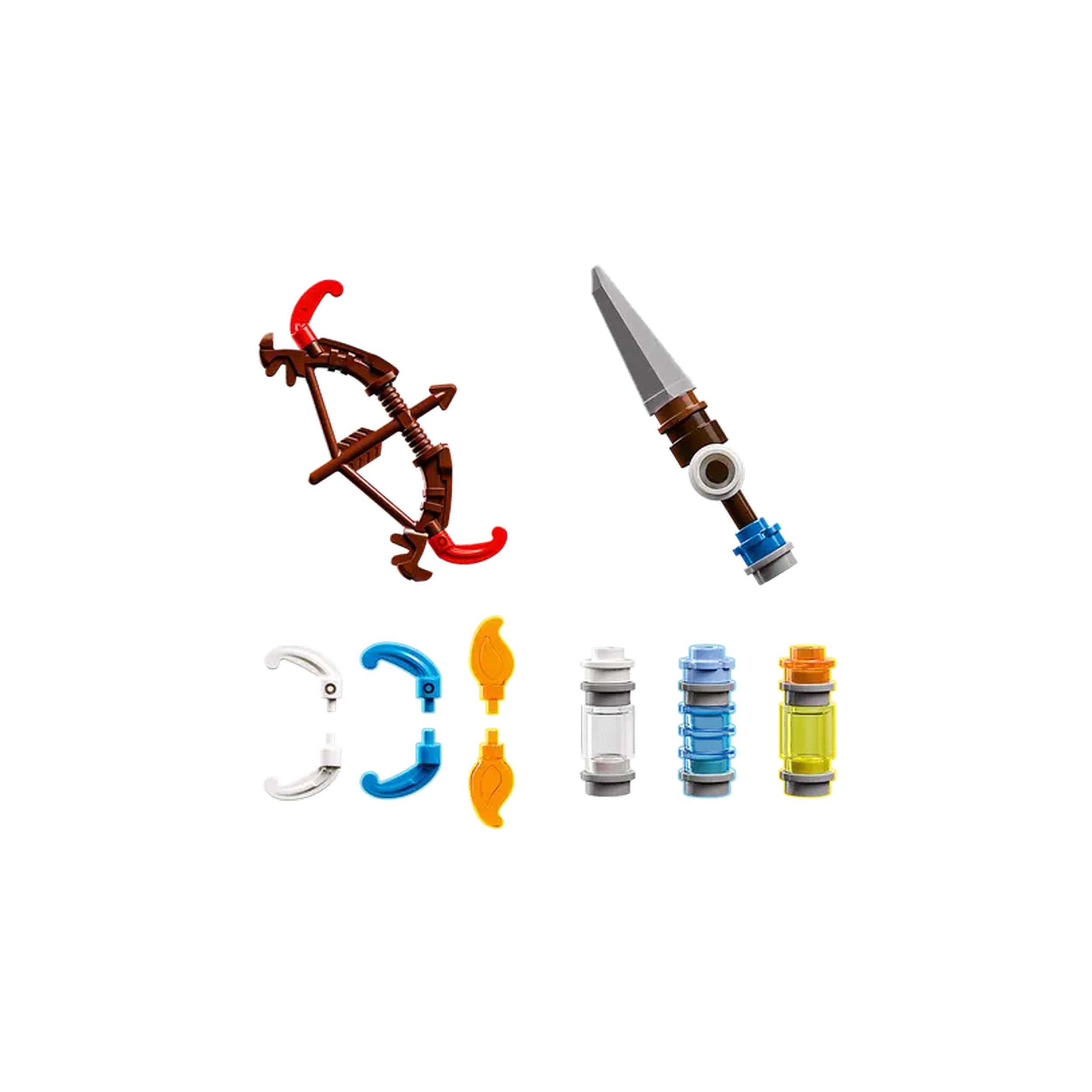 Aloy's bow in reddish-brown with red accents, Varl's spear with a silver tip, and various colorful accessories including two blue pieces, an orange piece, and three containers in white, blue, and yellow.