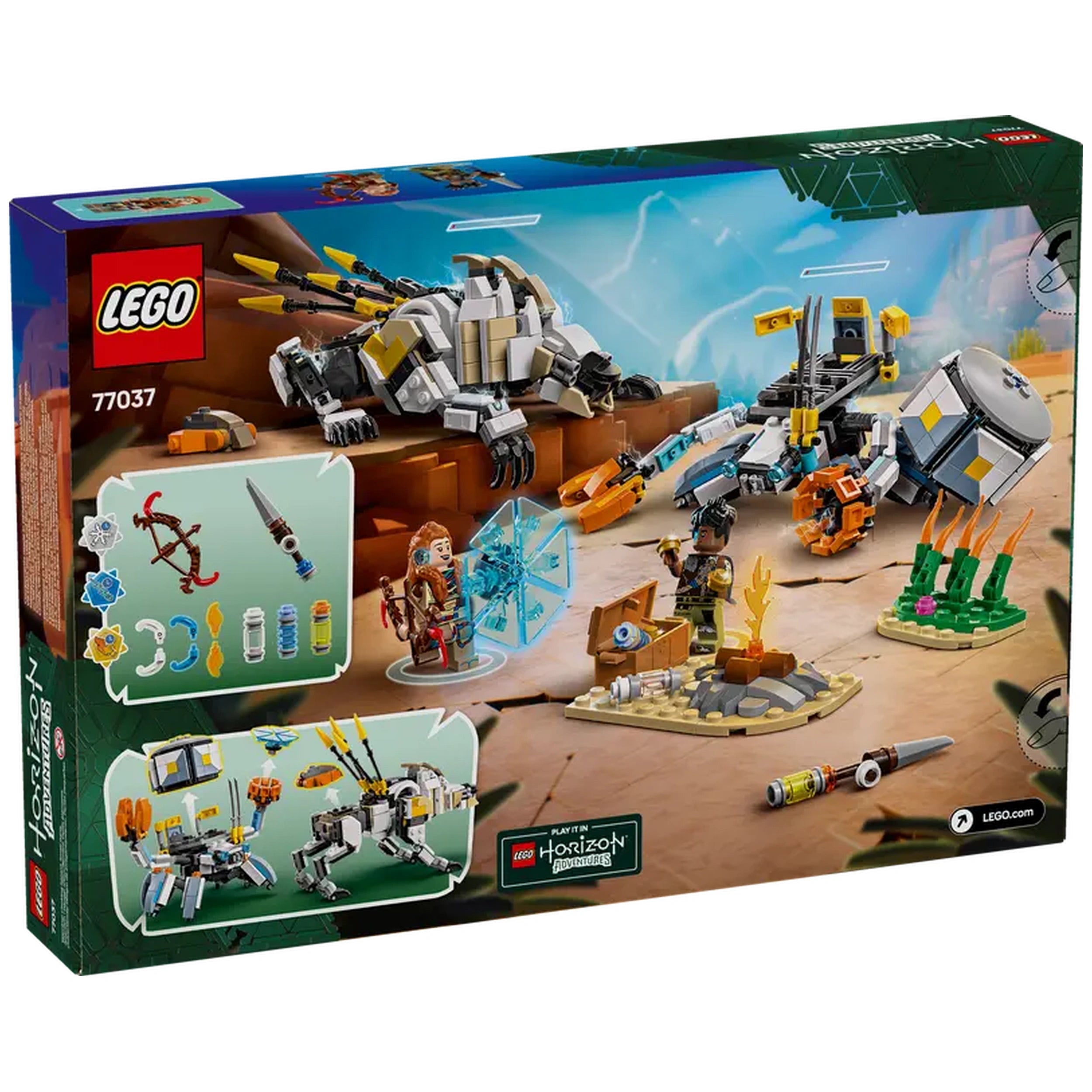 LEGO® Horizon Adventures™ construction set featuring Aloy and Varl in a vibrant landscape with Shell-Walker and Sawtooth models, along with minifigures and customizable weapons.