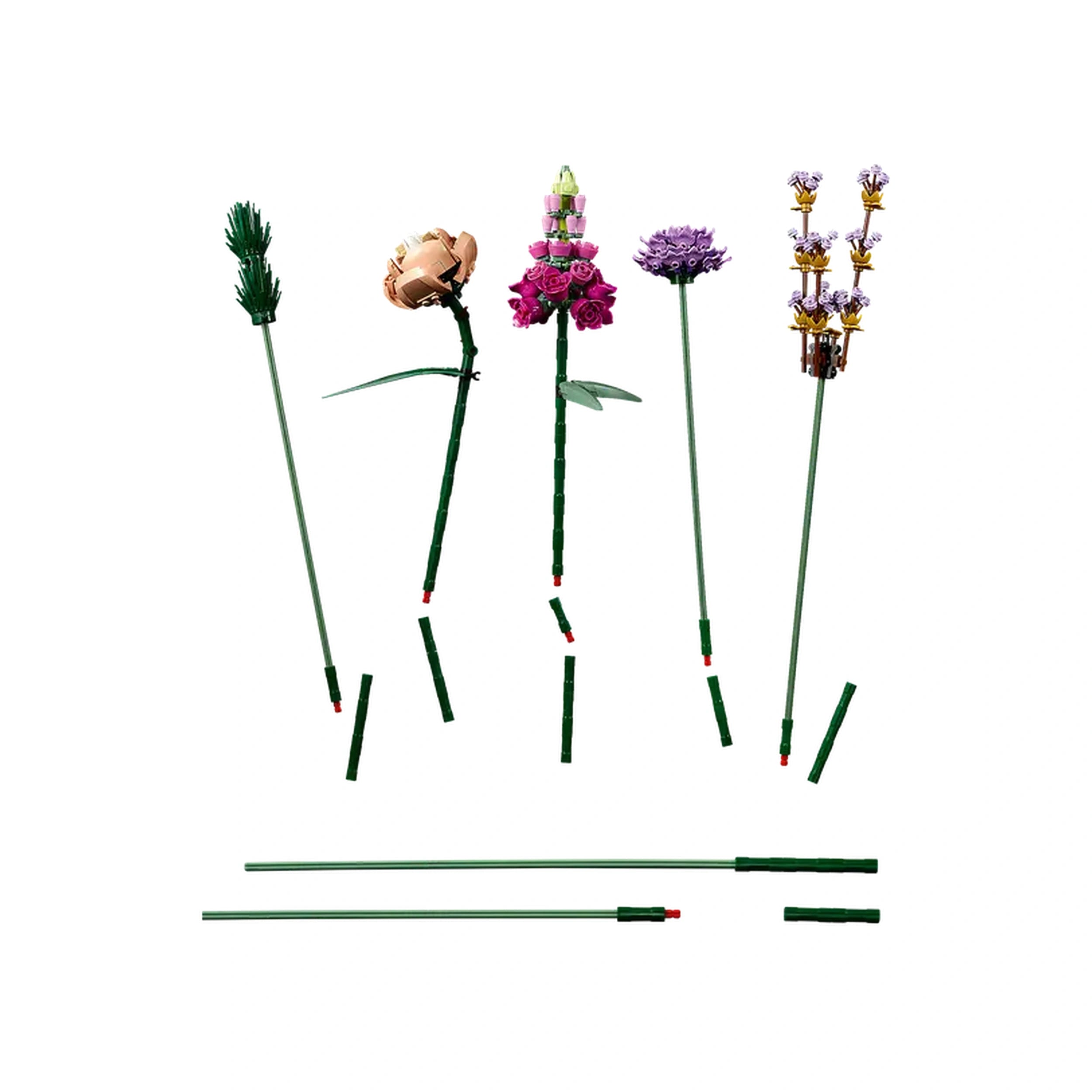 Colorful LEGO flowers including a rose, snapdragon, poppy, aster, and daisy, each with green adjustable stems, set on a white background.