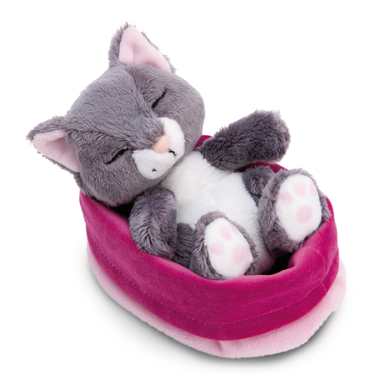 NICI - Sleeping Pets Grey Cat in Pink Basket - Stuffed Animals