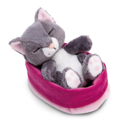 NICI - Sleeping Pets Grey Cat in Pink Basket - Stuffed Animals