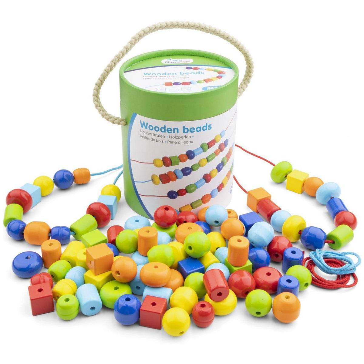 New Classic Toys - Perles à enfiler en bois dans une boîte - 96 perles - Loisirs créatifs
