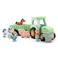 New Classic Toys - Wooden Tractor With Trailer And 5 Animals - Play Vehicles