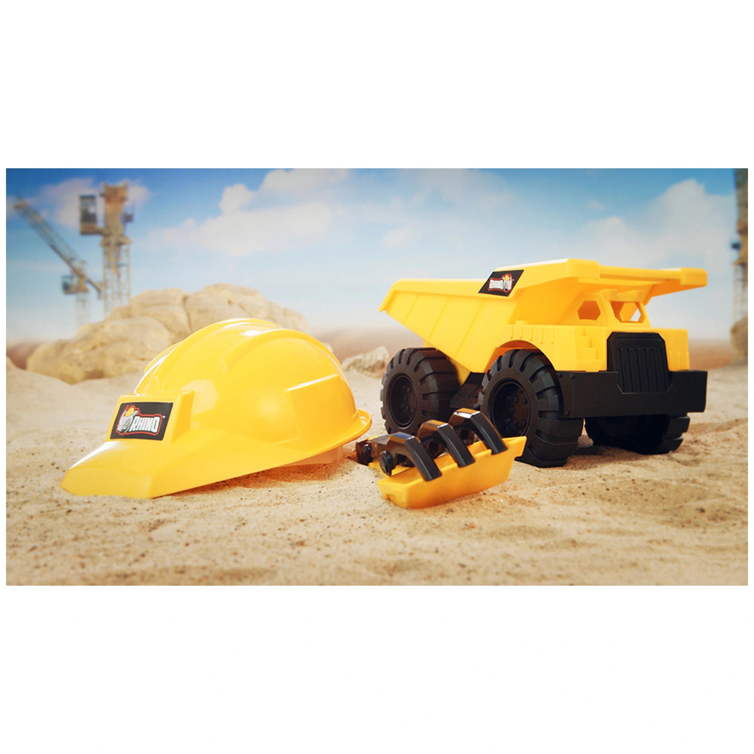Nikko Rhino - Building Machines Sand Set with Helmet new Shovel & Rake - Dump Truck Play Vehicle