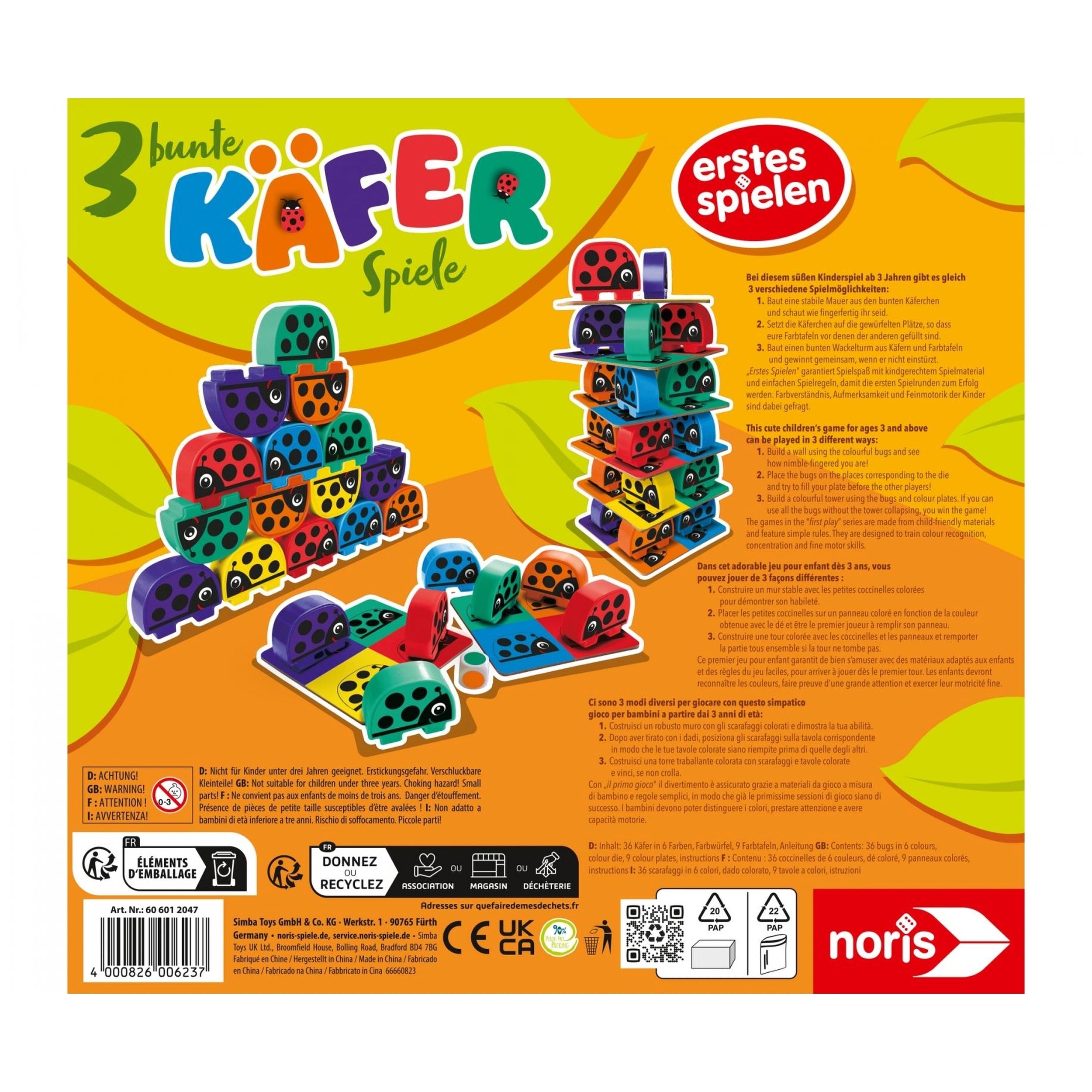 Noris - 3 Jeux de Insectes Colorés - Jeux de Société - Édition Internationale - Jeux de Société