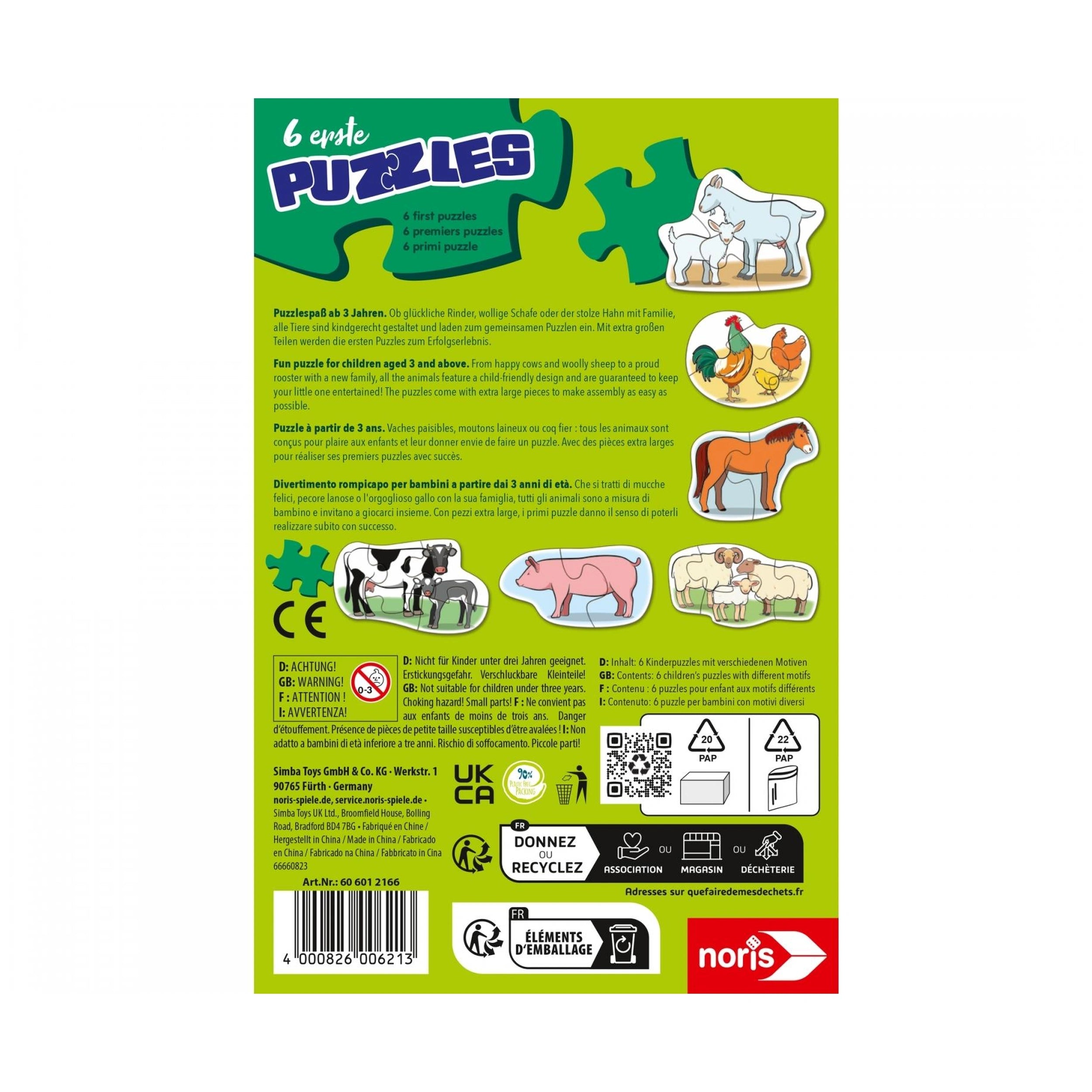 Noris - 6 premiers Puzzles – Animaux de la ferme - Puzzles - Édition Internationale - Puzzles