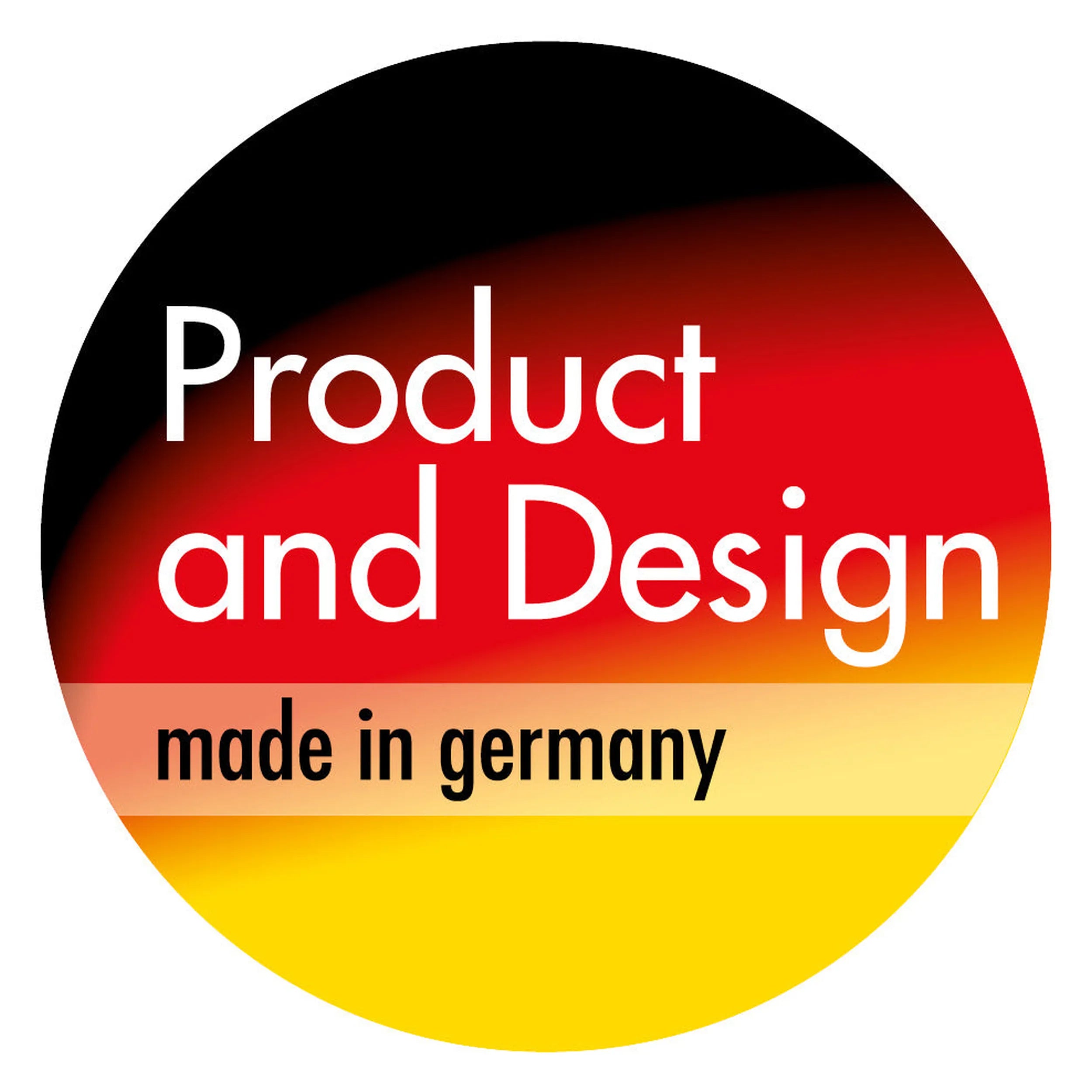 Round badge with gradient of black, red, yellow and white text: 'Product and Design, made in Germany'.