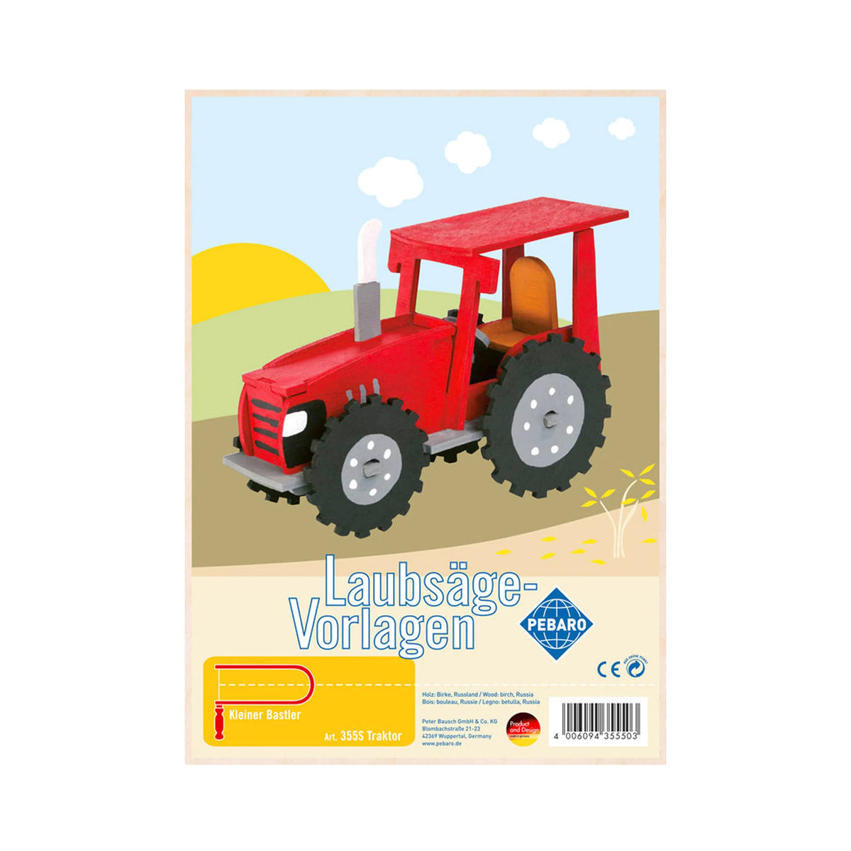 Red 3D model tractor on illustrated background, featuring black wheels and visible exhaust pipe, against a sunny landscape.