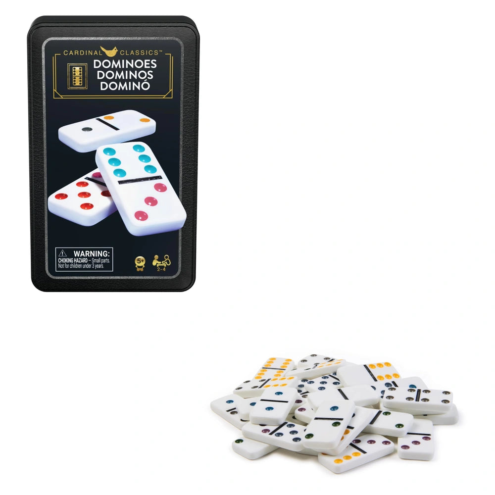 Spin Master Games - Cardinal Classics - Double-Six Domino Travel Set for Kids and Adults Ages 5 Years+ - 28-Piece Strategic Colour-Dot Tabletop Game for 2 to 4 Players with Starter Piece