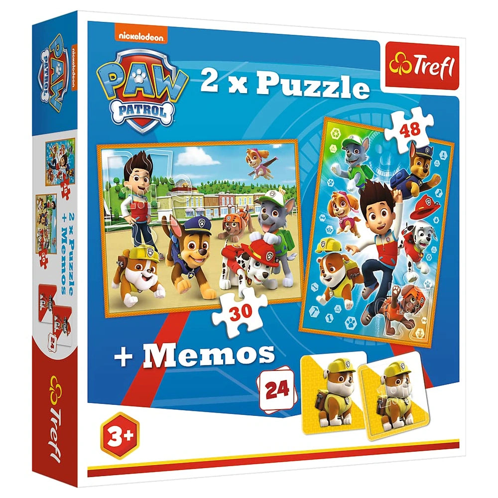 Trefl - 2 Puzzles in 1 + Memos - Paw Patrol to the Rescue - Puzzle & Card Game Age +3 - TRF90790